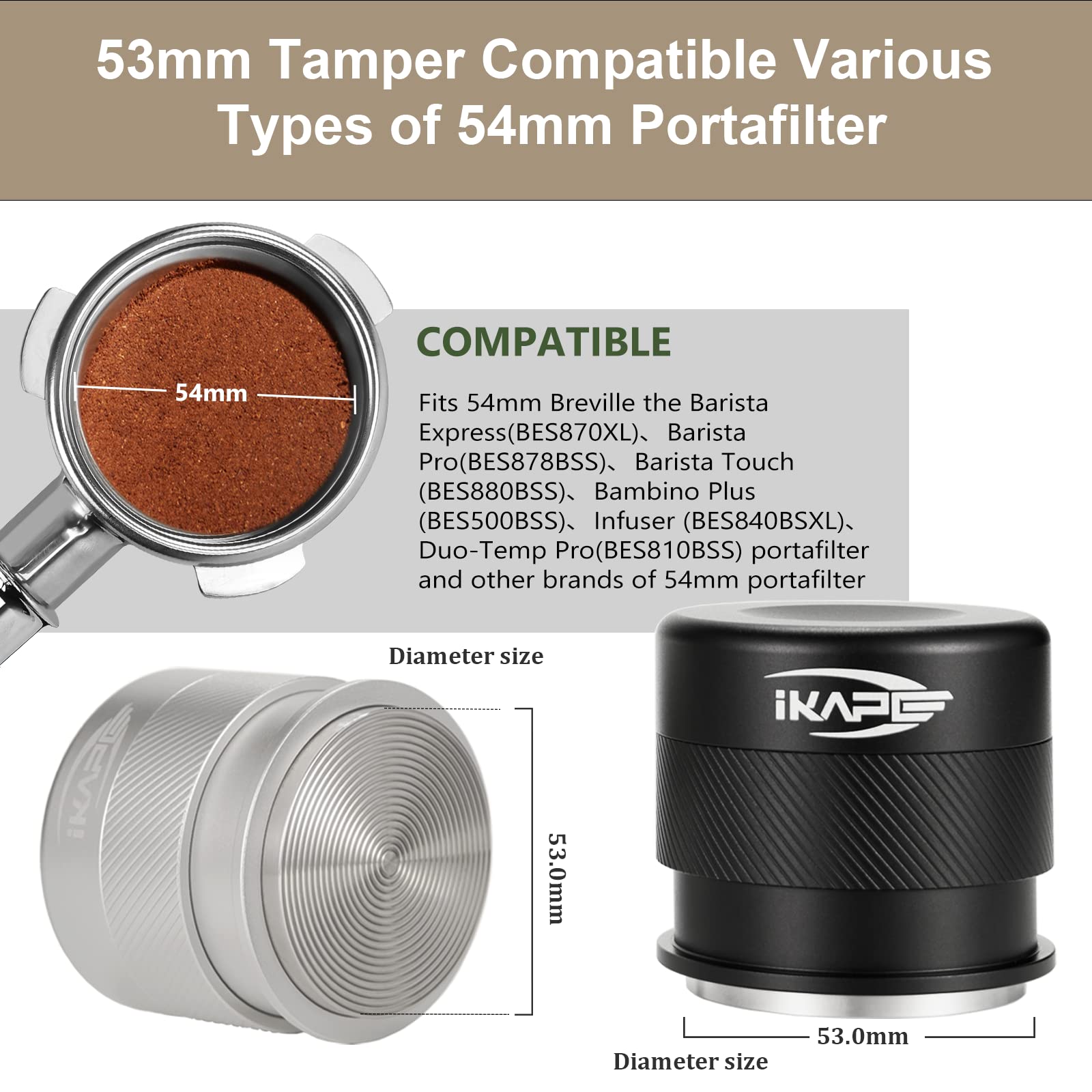 Ikape Coffee Products, 53Mm Espresso Tamper, Premium Barista Coffee Calibrated Tamper With Spring Loaded, 100% Stainless Steel T
