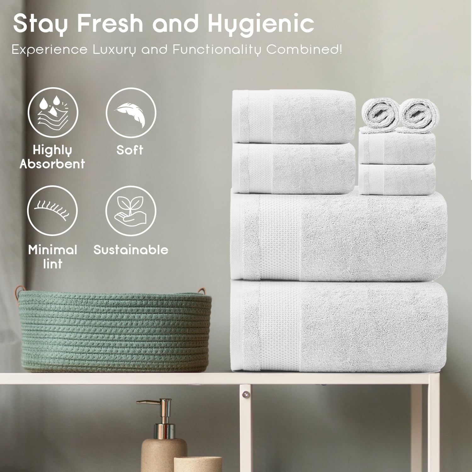 Ariv - 2 Ply Ultra Luxury 8-Piece Towel Set - 100% Combed Cotton Large Towels For Extra Softness, Absorbency & Quick Drying - Pe