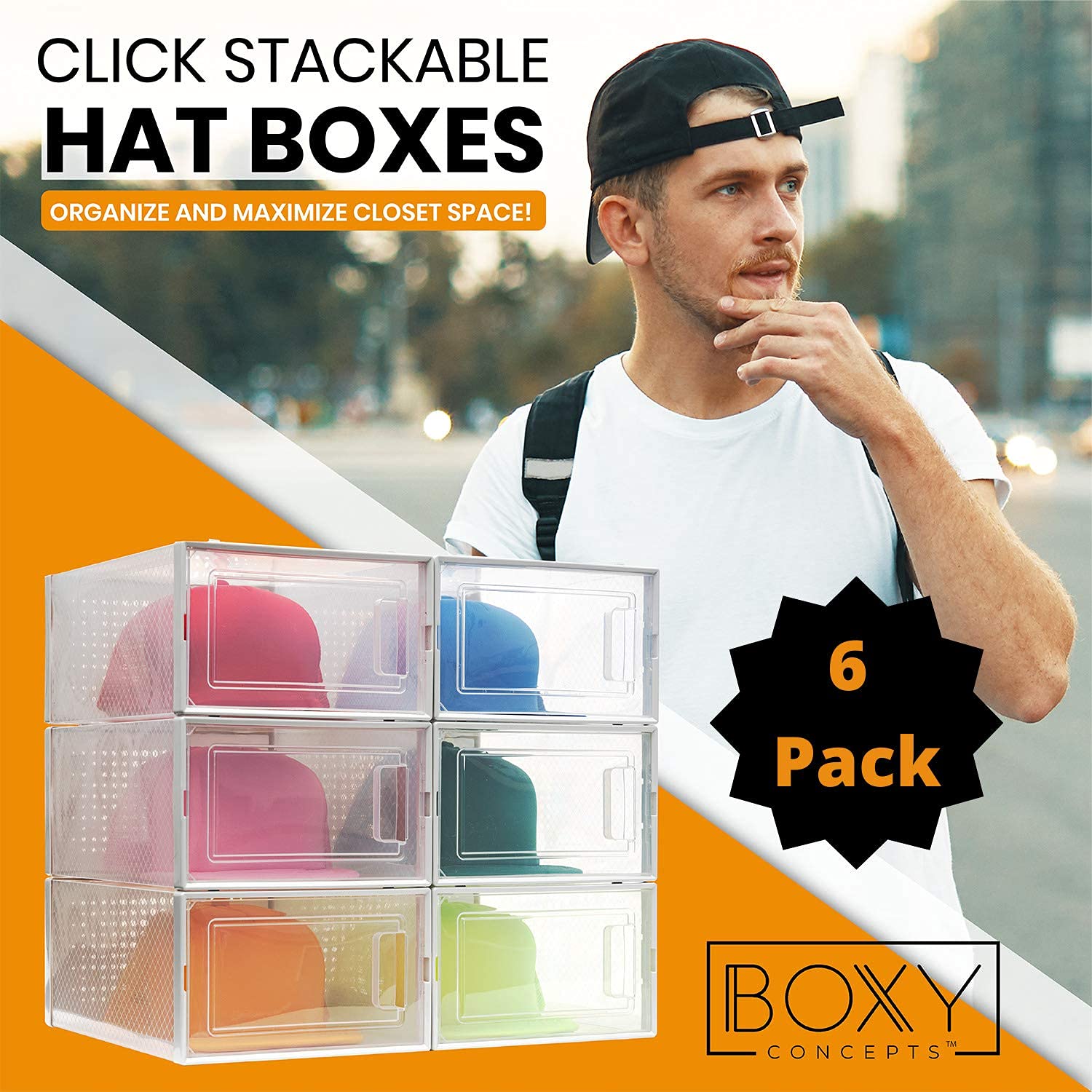 Boxy Concepts Plastic Hat Organizer For Baseball Caps (6-Pack) Easy Assembly, Stylish, Dust-Proof, Transparent, Stackable With O
