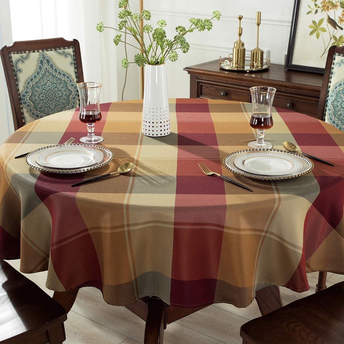 Sastybale Round Tablecloth Checkered Style Polyester Table Cloth Dust-Proof Wrinkle Resistant Heavy Weight Table Cover For Kitch