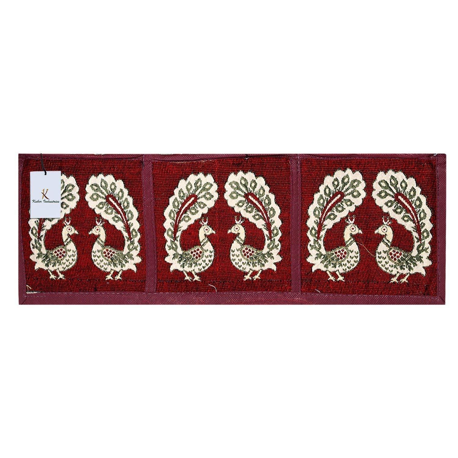 Kuber Industriestm Red Cotton Fridge Top Cover (Peacock Design) (Fc09)