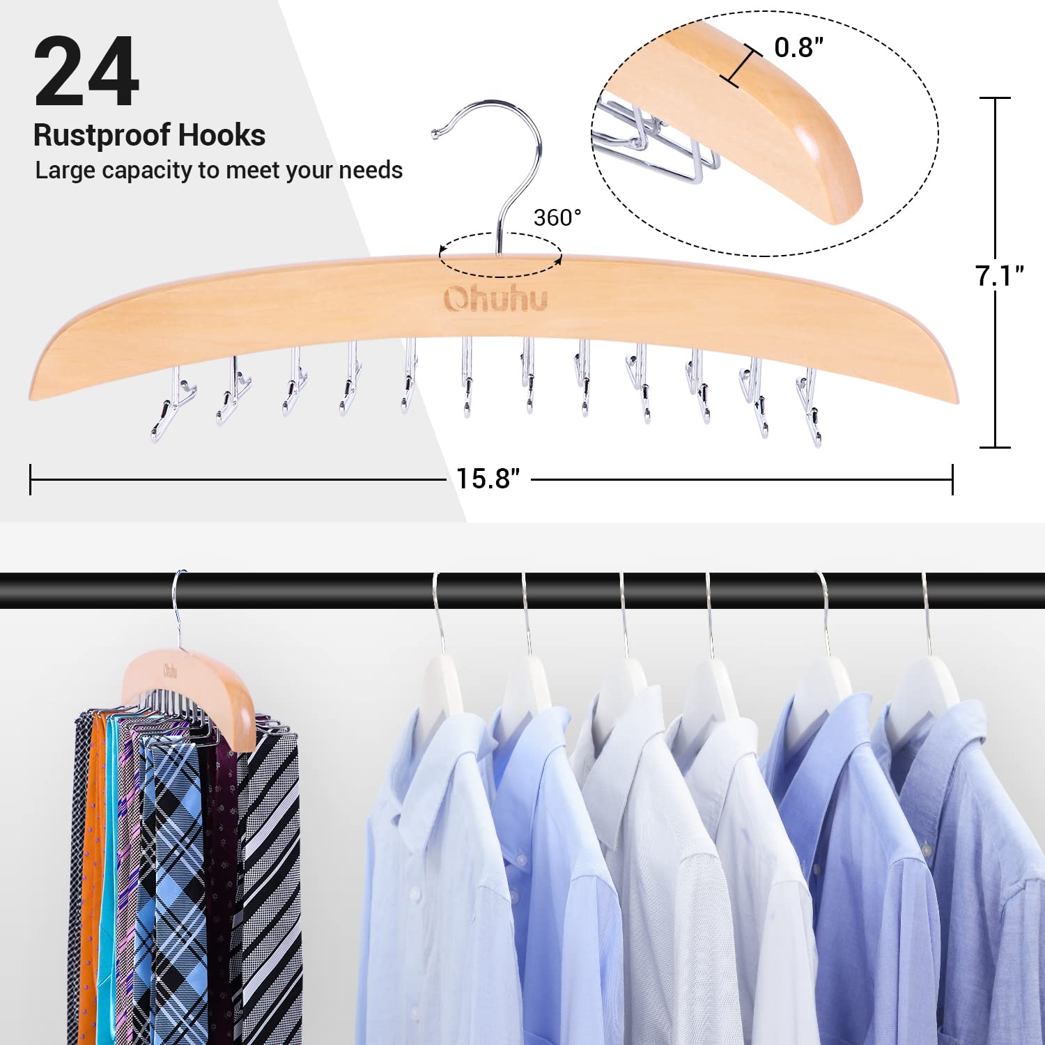 Tie Rack Hanger For Closet, Ohuhu Wooden Tie Organizer 360 Degree Rotating Tie Holder With 24 Folding Hooks, Tie And Belt Storag