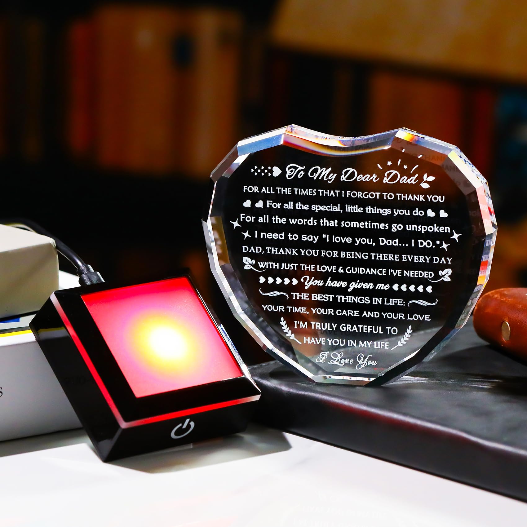 YWHL Gifts for Dad from Daughter Son with Colorful Light Base Birthday Gifts for Dad Crystal Heart Keepsake Thank You Gift Idea