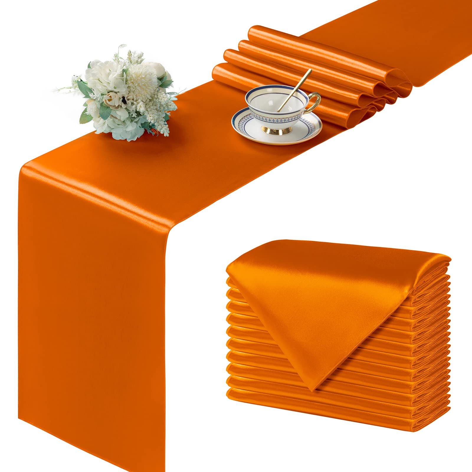 Manyshofu 12Pcs Satin Orange Table Runner - 12 X 72 Inch Long Size, Party Table Runner Decor Bright & Smooth Wedding Decorations