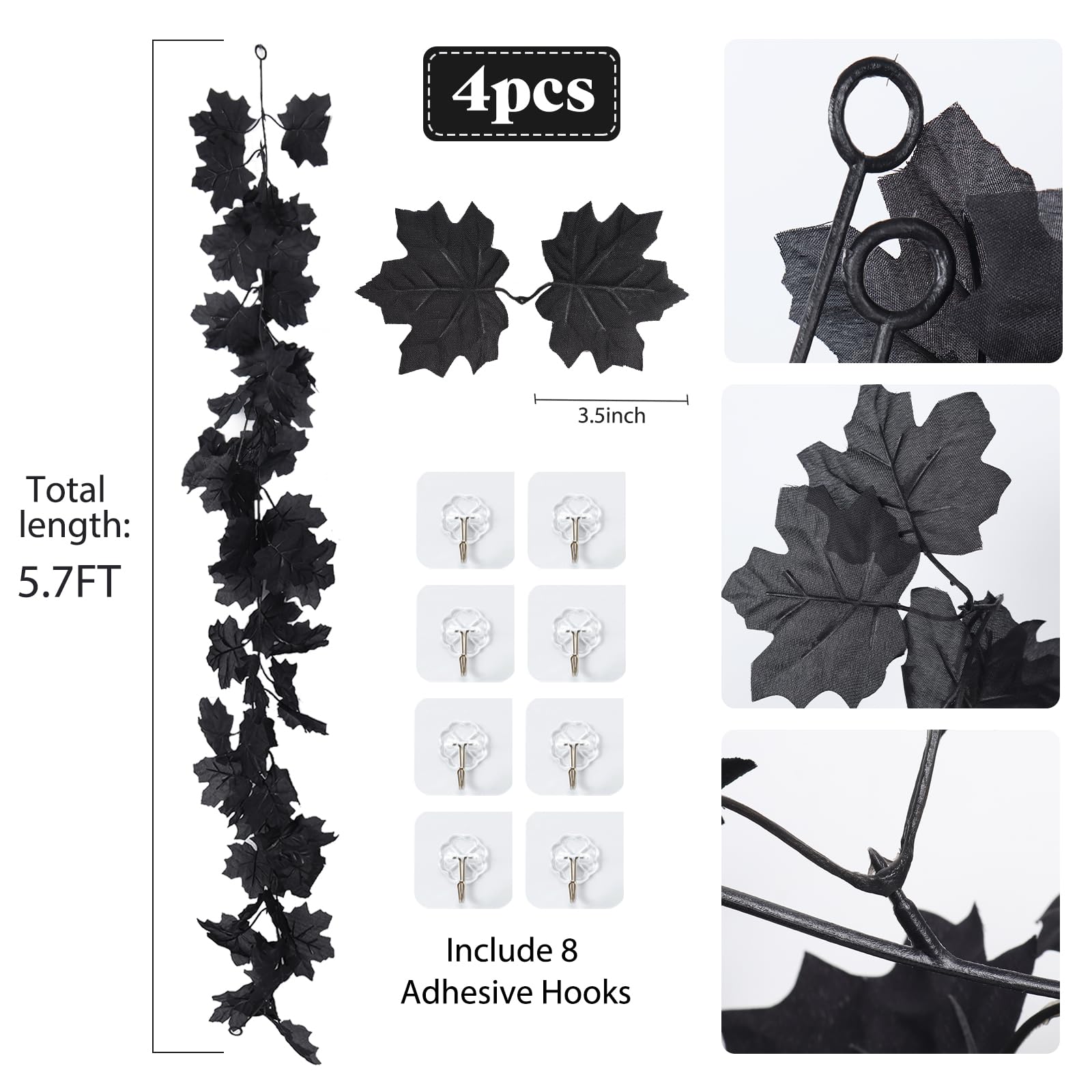 Fall Decor Black Garland, Black Decorations Halloween Garland, Fall Wall Hanging Maple Leaves, Artificial Black Maple Leaf Vine,