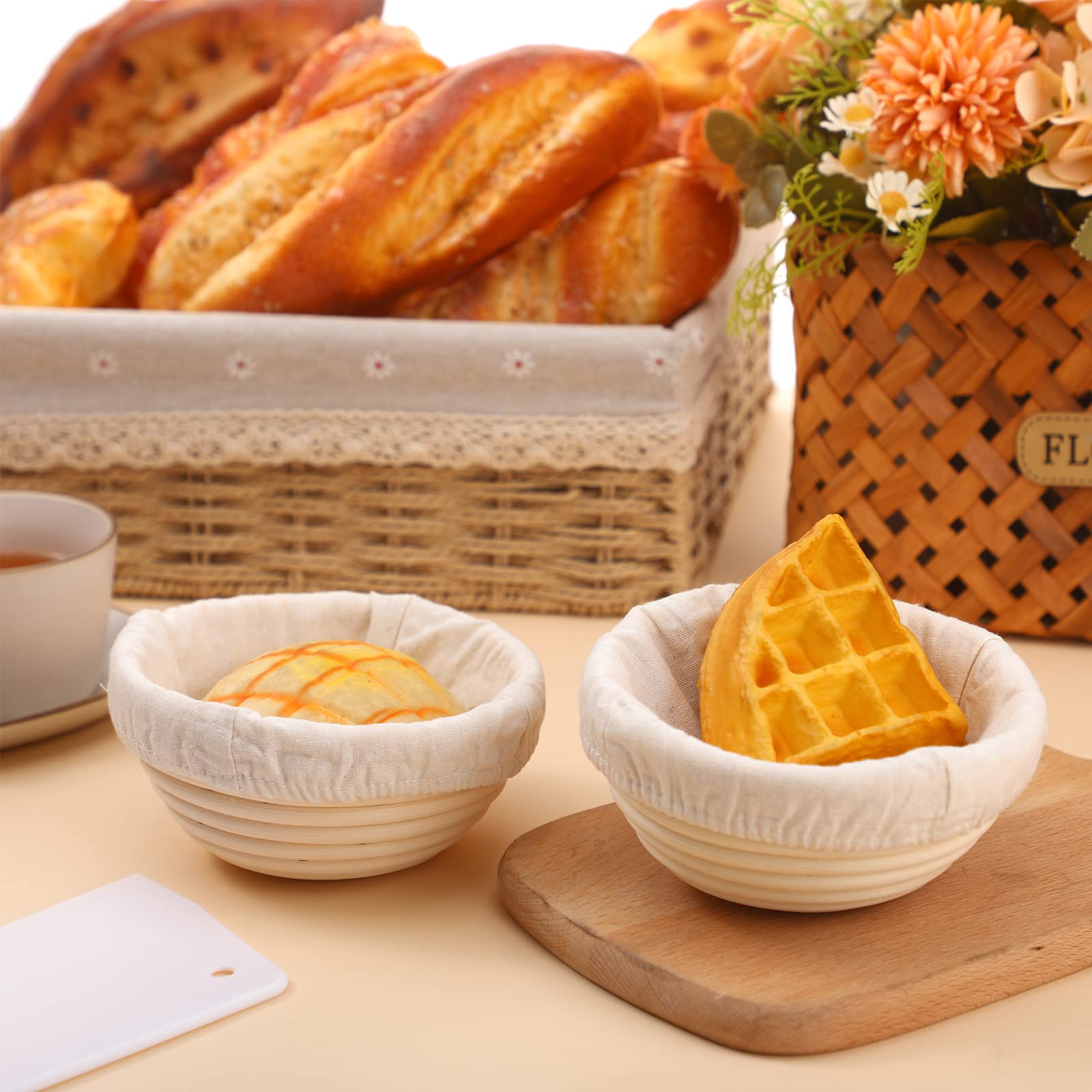 Irenare 10 Pcs Bread Banneton Proofing Basket Round Dough Sourdough Proofing Basket Rattan Bakery Baking Bread Bowl With Liner A