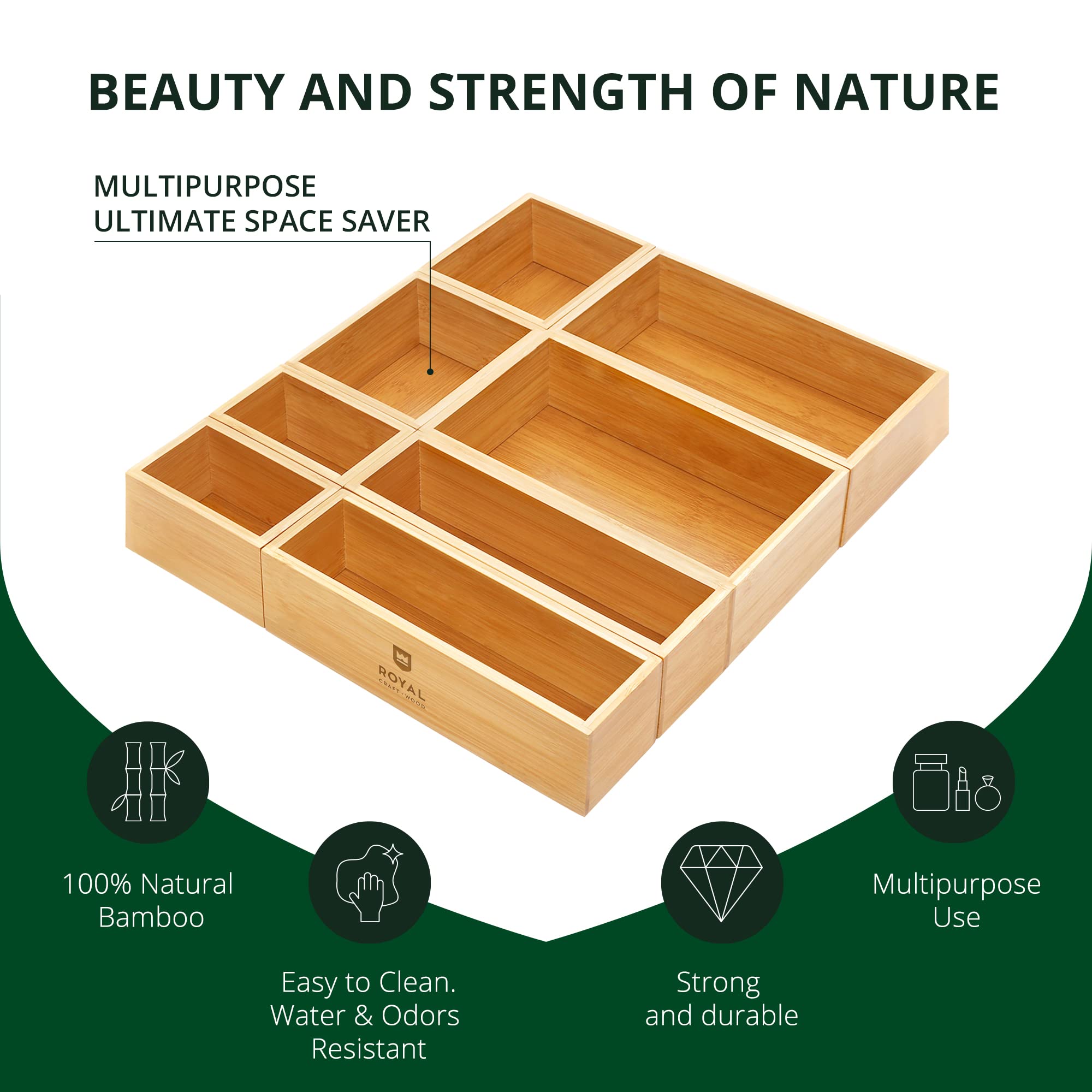 Royal Craft Wood Luxury Bamboo Storage Box, Bin Set - Multi-Use Drawer Organizer For Kitchen, Bathroom, Office Desk, Makeup, Jew