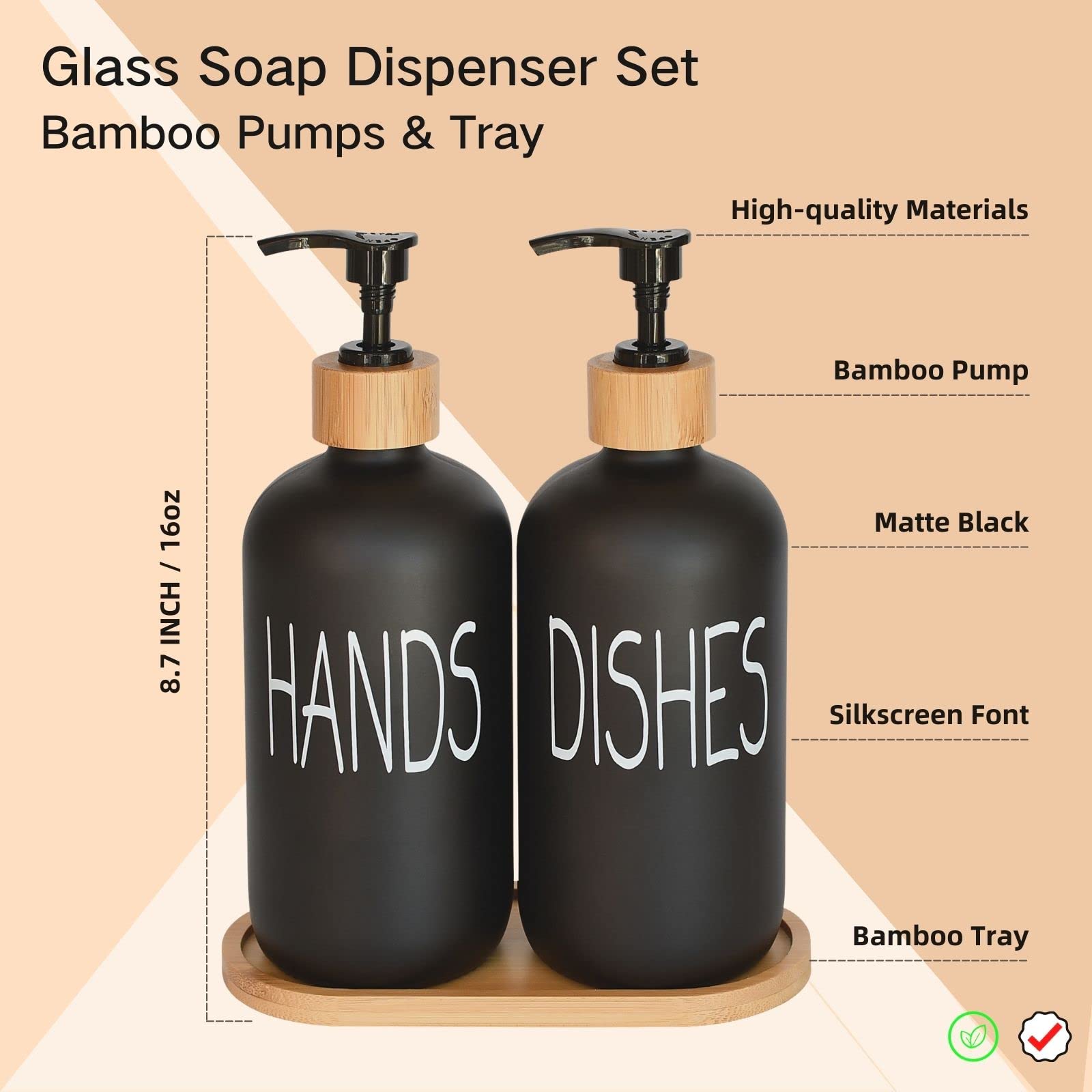 Glass Soap Dispenser Set. Hand Soap And Dish Soap Dispenser With Bamboo Tray. Vintage Soap Dispenser With Pump For Kitchen Sink