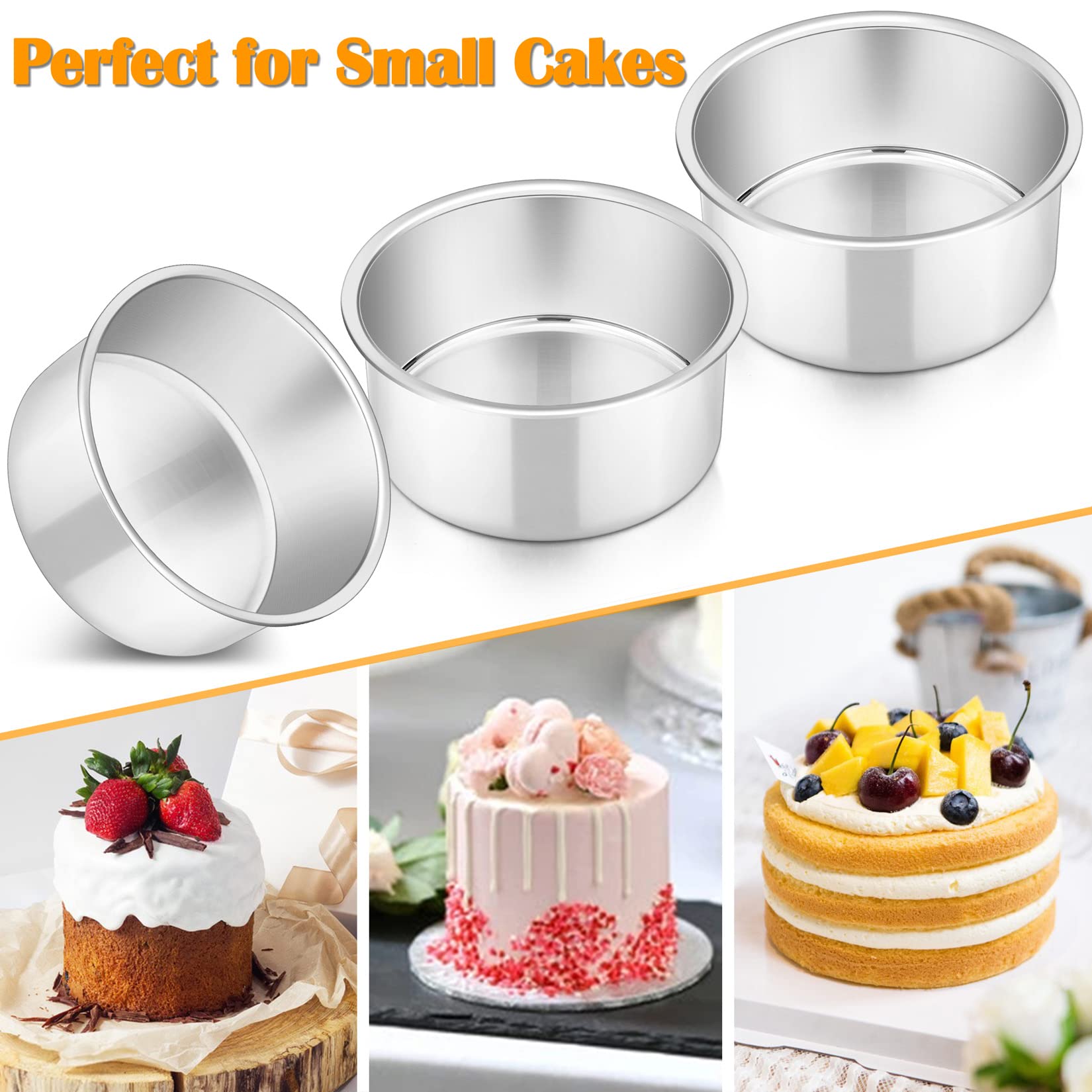 4 Inch Cake Pan Set Of 3, P&P Chef Small Stainless Steel Round Baking Layer Pans Bakeware For Mini Cake Pizza Bread, Non Toxic &