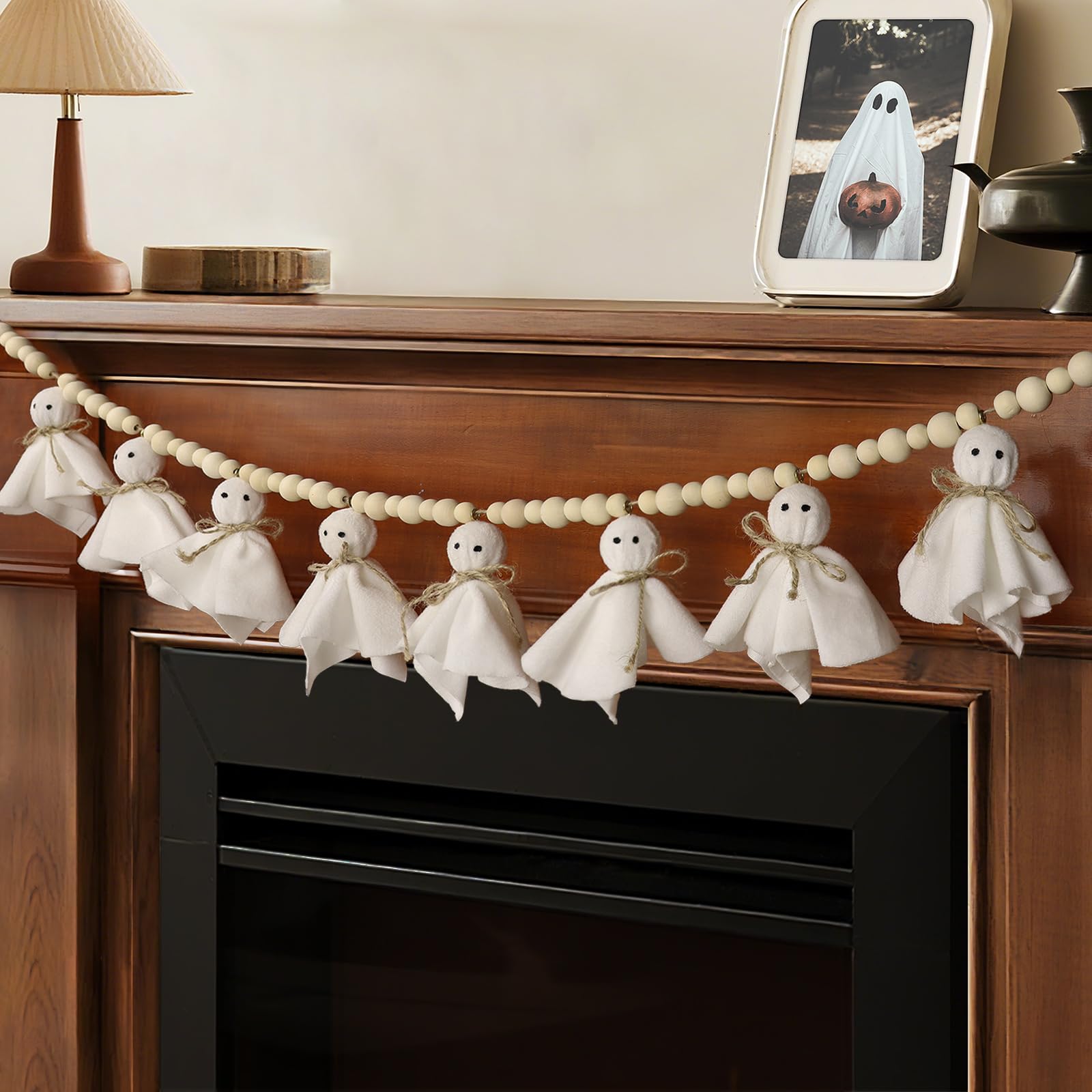 7.2 FT Halloween Garland Ghost Decorations, Adjustable Hanging Cute Ghost Garland Mantel Decor, Handmade Wooden Beads Halloween 