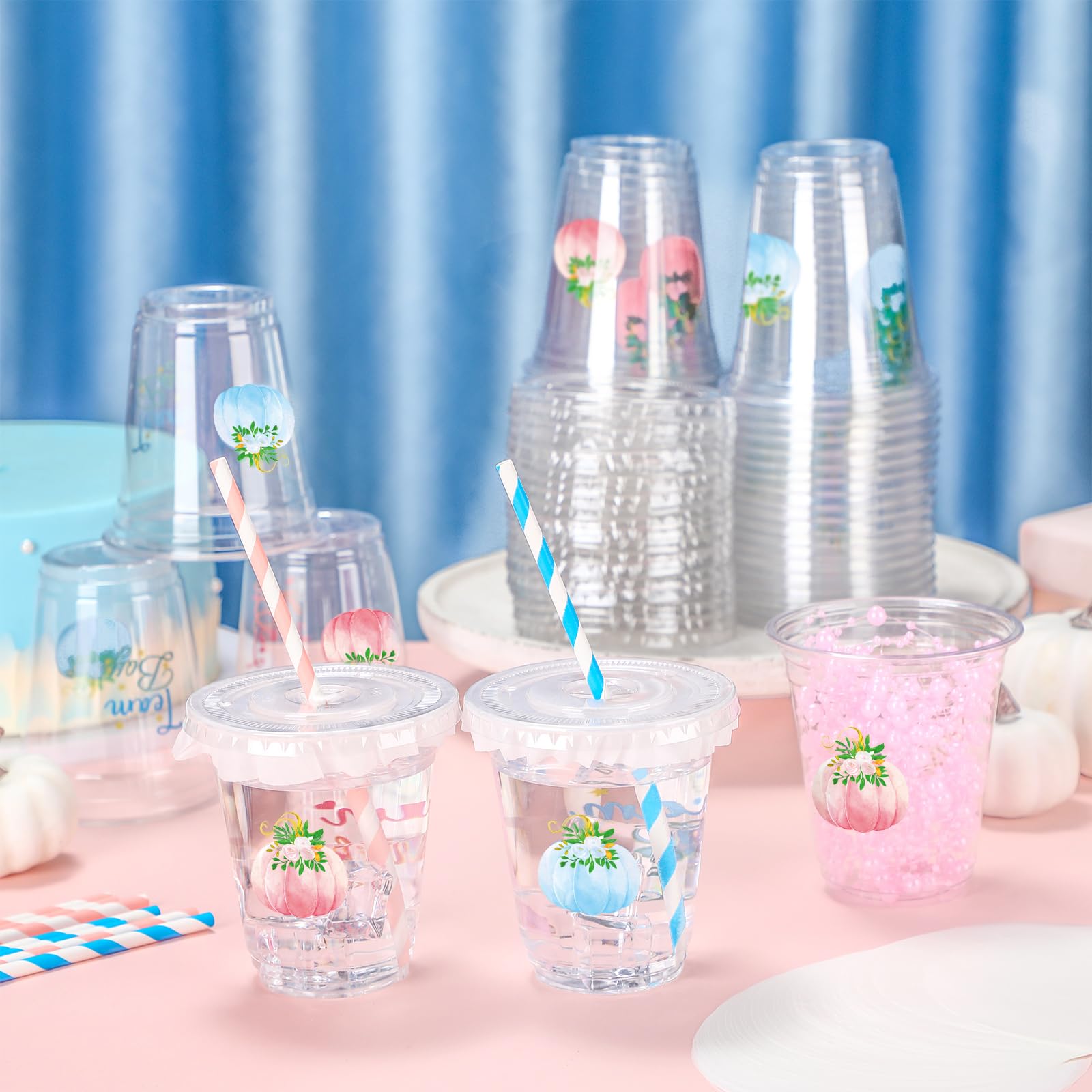 Jingmore 50 Set Pumpkin Gender Reveal Decorations 12 oz Team Boy Team Girl Cups with Lid and Straw Gender Reveal Pink and Blue C