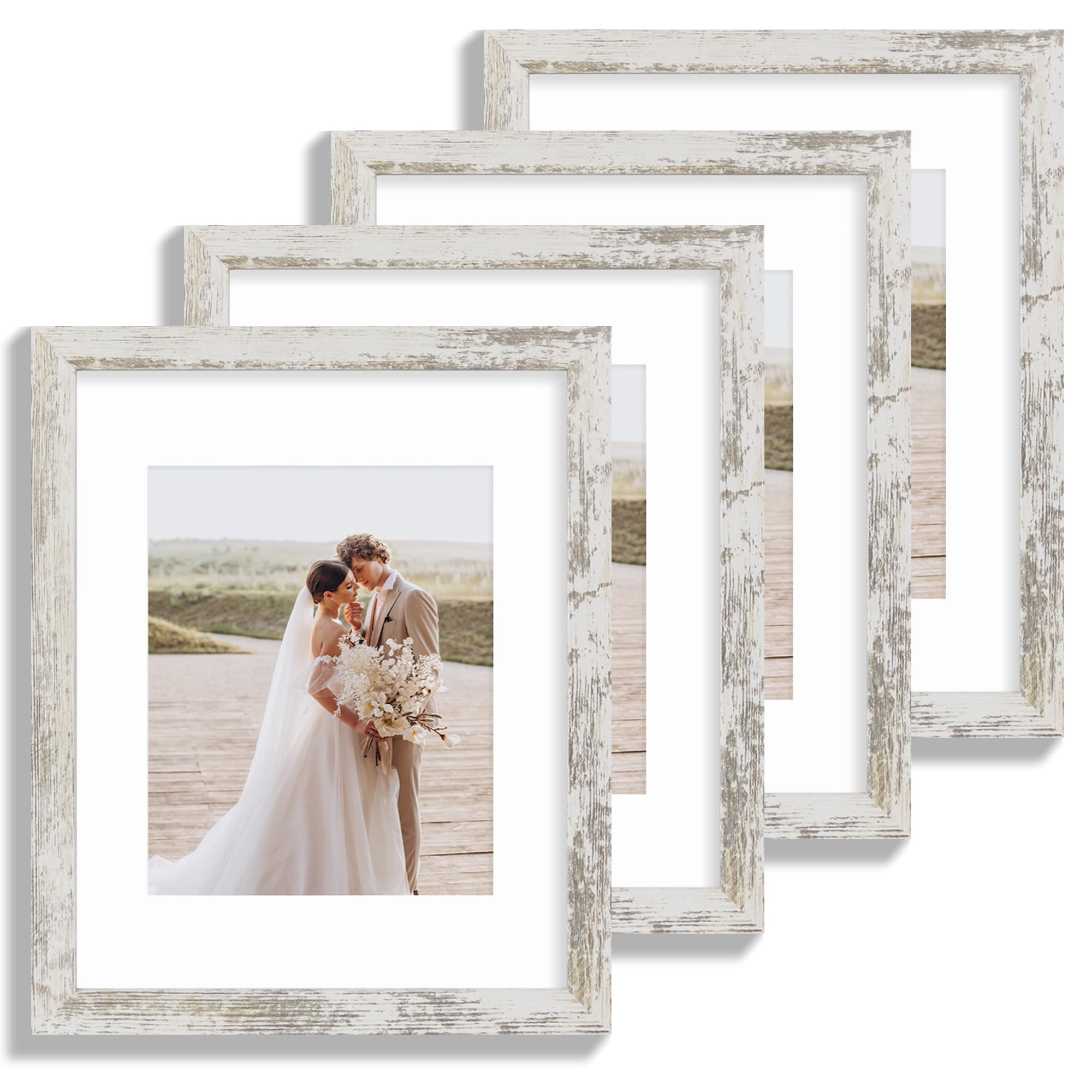 Hongkee 11x14 Picture Frame Set of 4, Made of Distressed White Wooden Frame, Display 8x10 Pictures with Mat or 11 x 14 Posters w