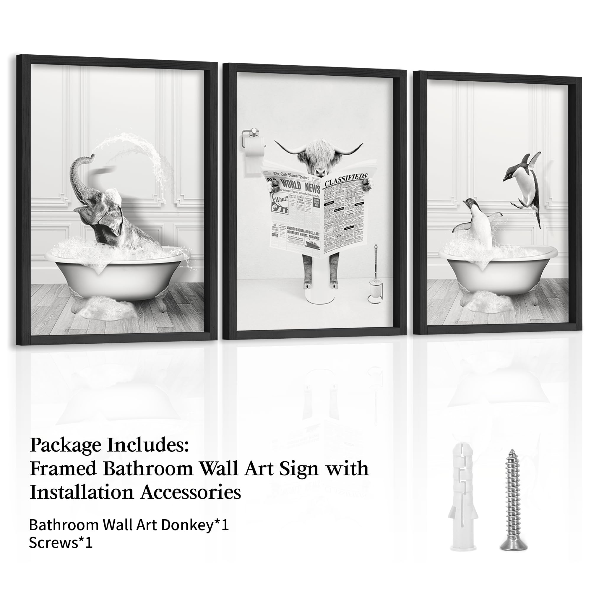 Heiple Framed Bathroom Wall Art Set Of 3 Funny Animals - Penguin, Cow, Elephant - Farmhouse Style - Black, 11''X14''
