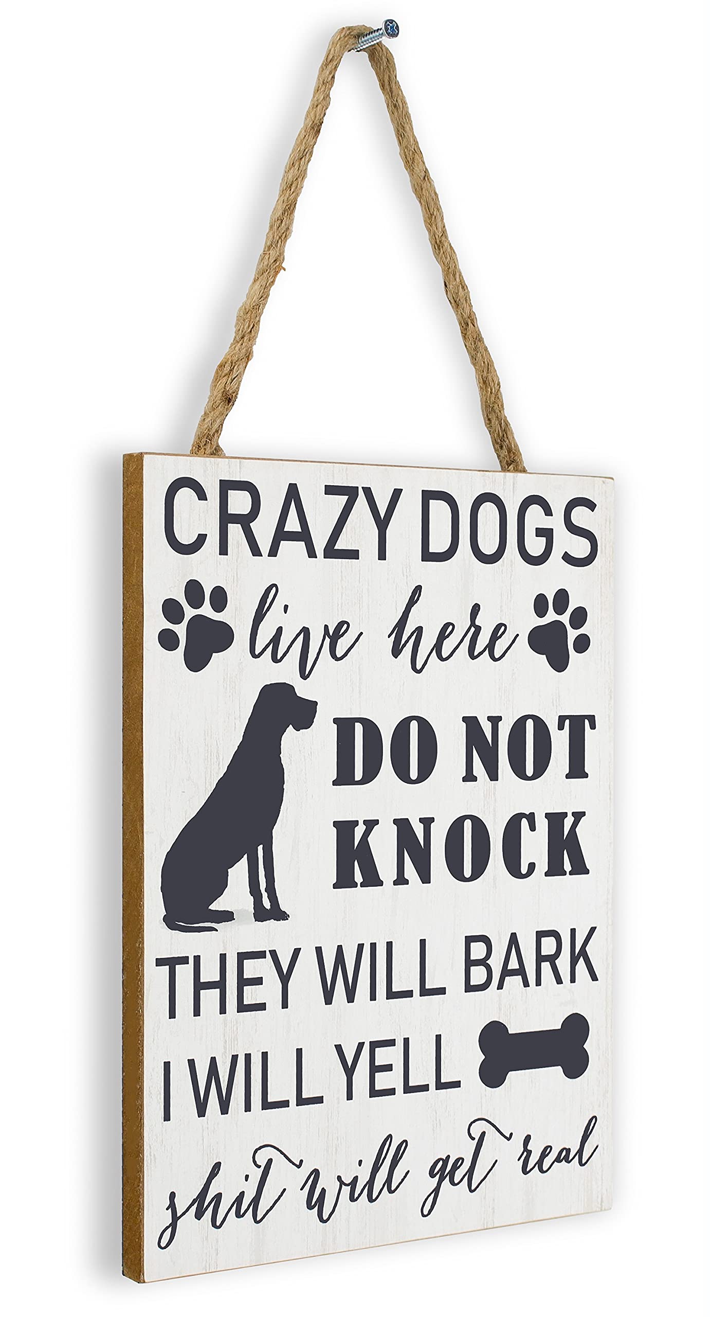 SANY DAYO HOME Crazy Dogs Live Here Do Not Knock They Will Bark I Will Yell Funny Dog Signs 11 x 8 inches Wood Plaque with Hangi