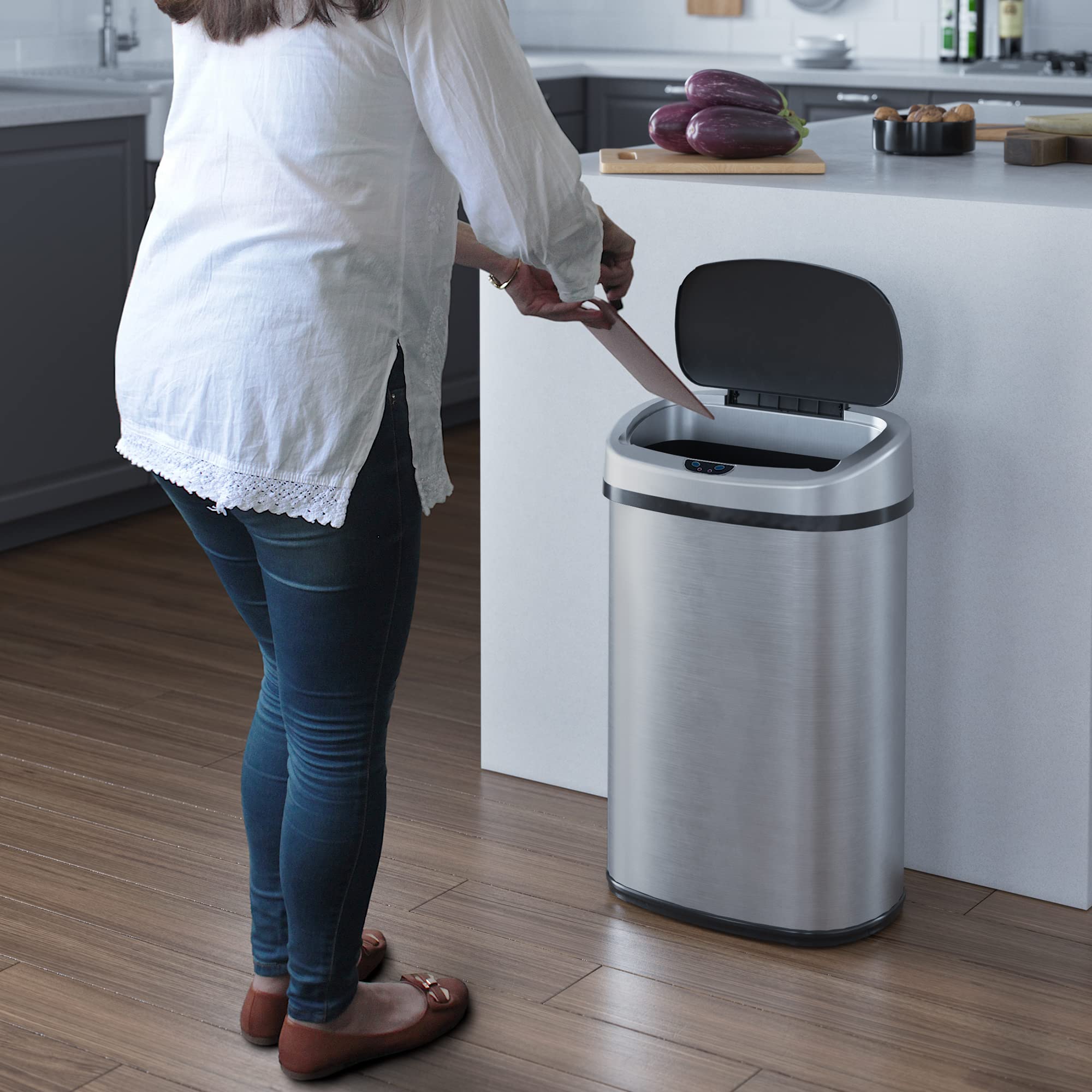 SensorCan 13 Gallon Touchless Sensor Odor Control System  Stainless Steel Oval Shape Automatic Garbage Bin  Base Model Trash Can