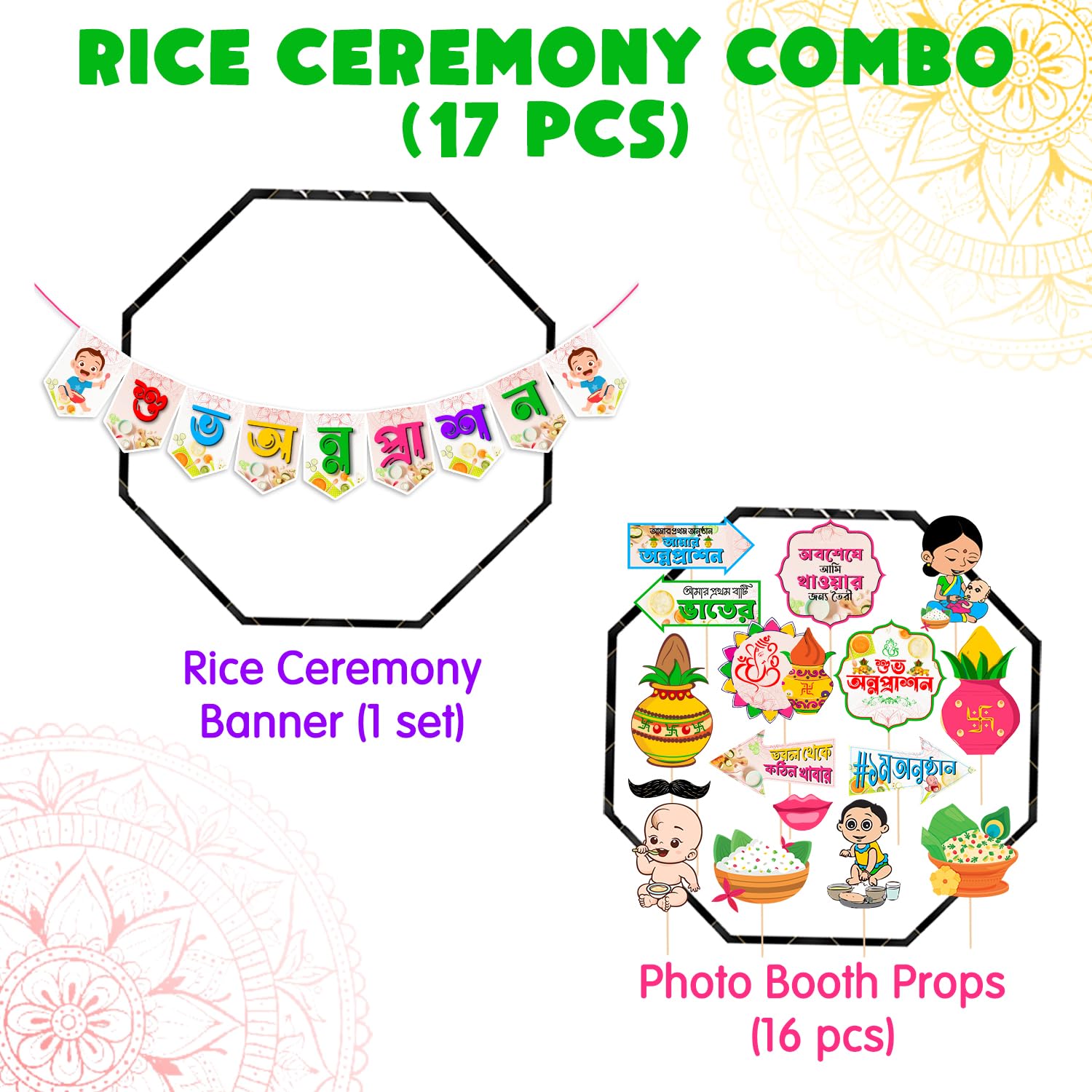 Zyozique Multicolor Rice Ceremony Bengali Photo Booth Props with Rice Ceremony Banner/Rice Ceremony Decorations Items/Rice Cerem
