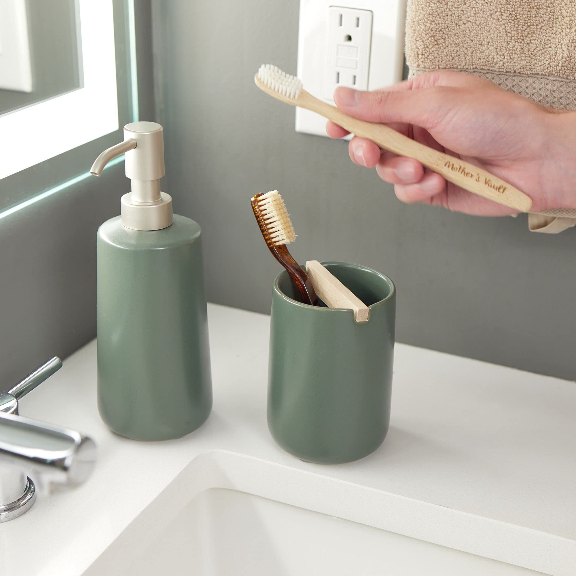 Idesign Ceramic Earth Collection Refillable Tall Soap Dispenser, Moss