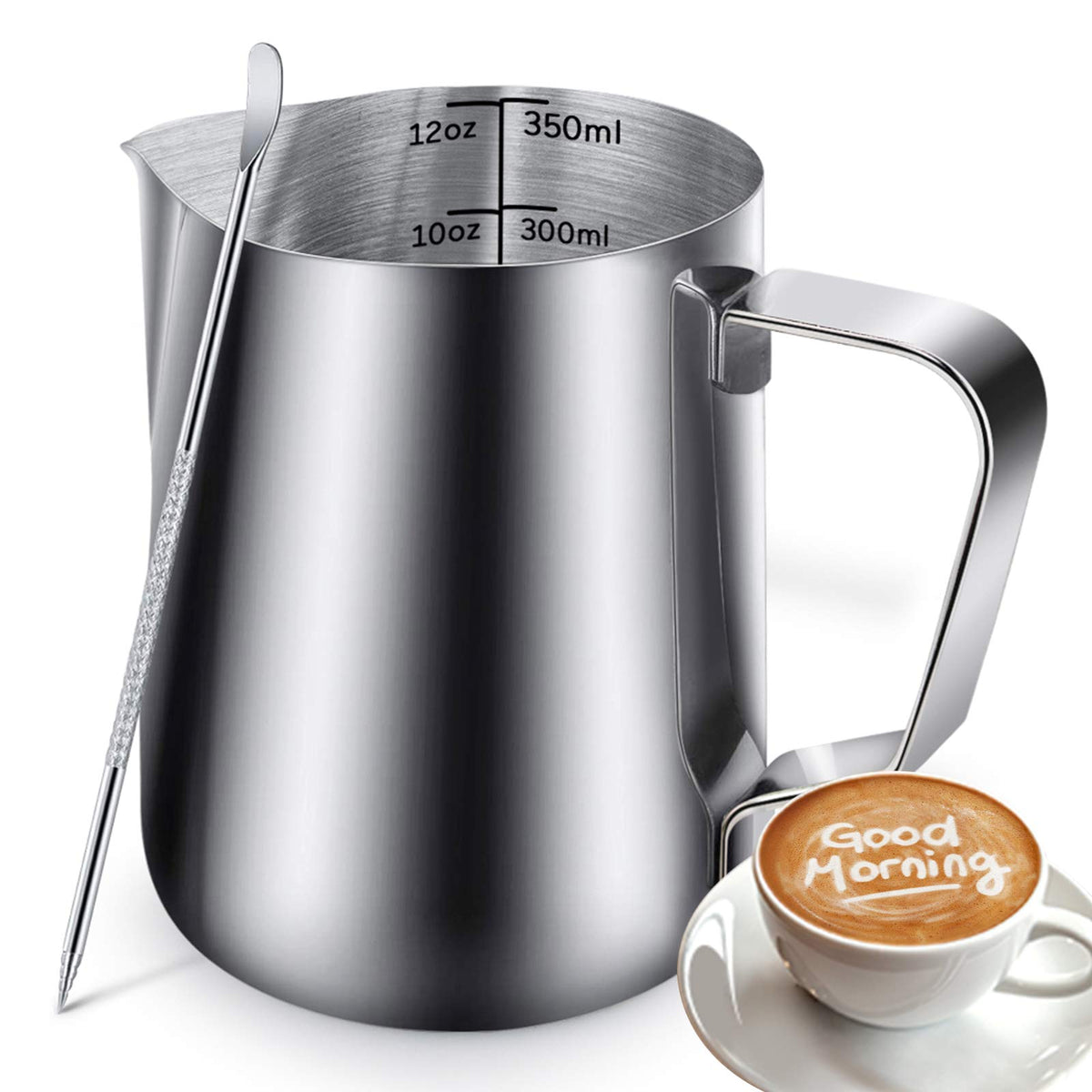 12Oz Milk Frothing Pitcher, Stainless Steel Espresso Latte Cup Steaming Pitcher Creamer Cup, Milk Frother Cup Espresso Machine A