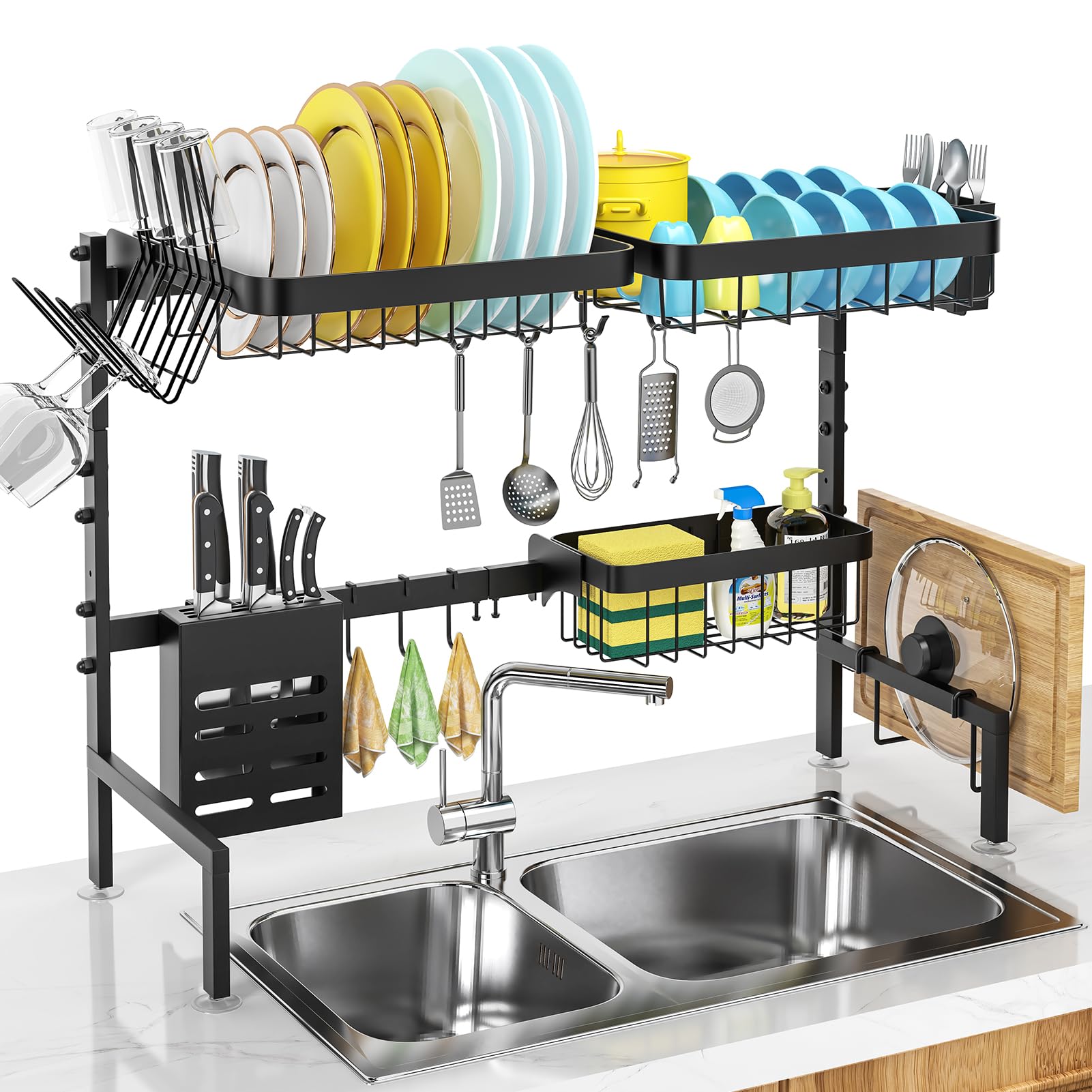 Merrybox Over The Sink Dish Drying Rack Adjustable Length (25-33In), 2 Tier Dish Rack Over Sink With Multiple Baskets Utensil Ho
