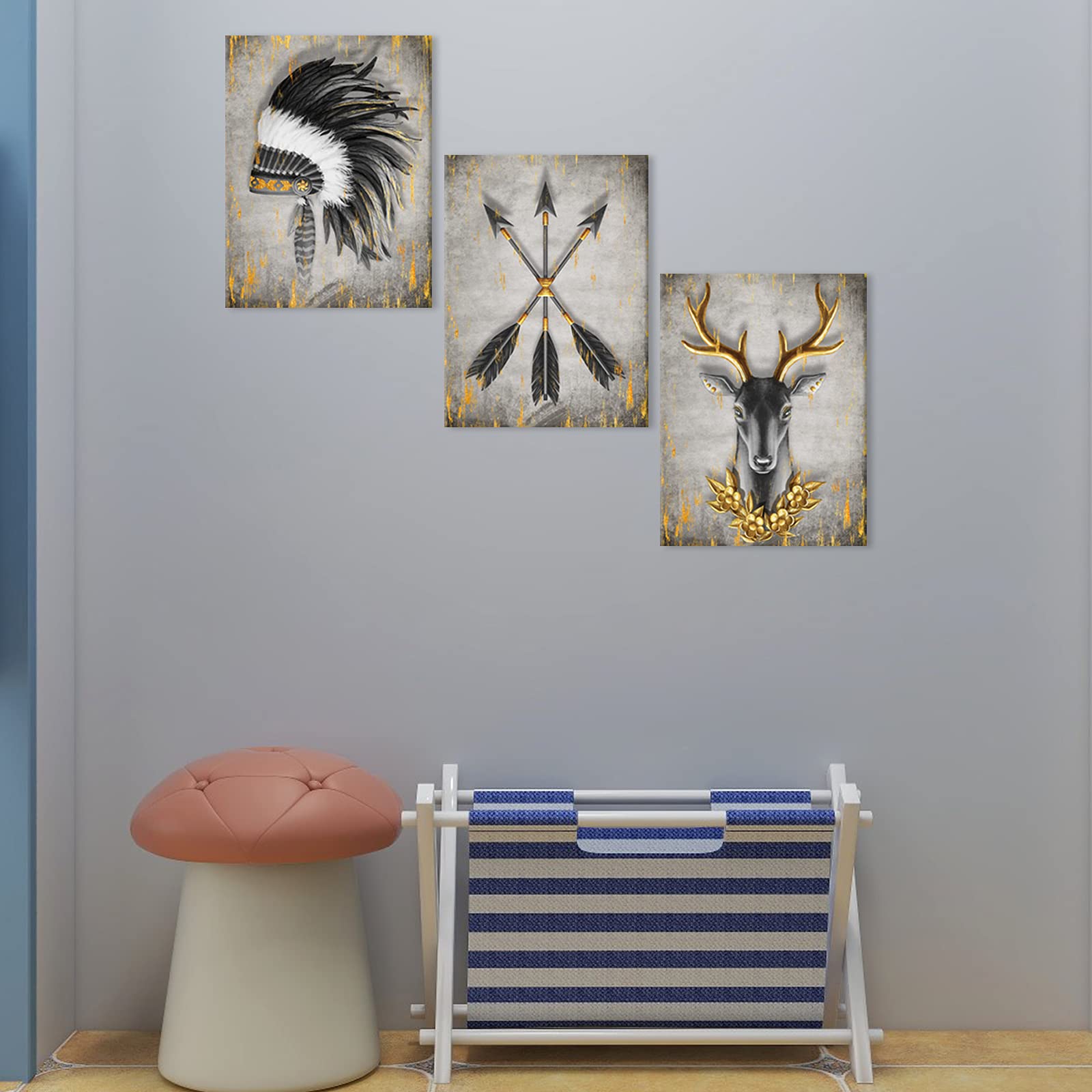 Kalormore Black White And Golden Indian Pictures Native American Chief Headdress Arrow Deer Canvas Wall Art Wildlife Safari Pain