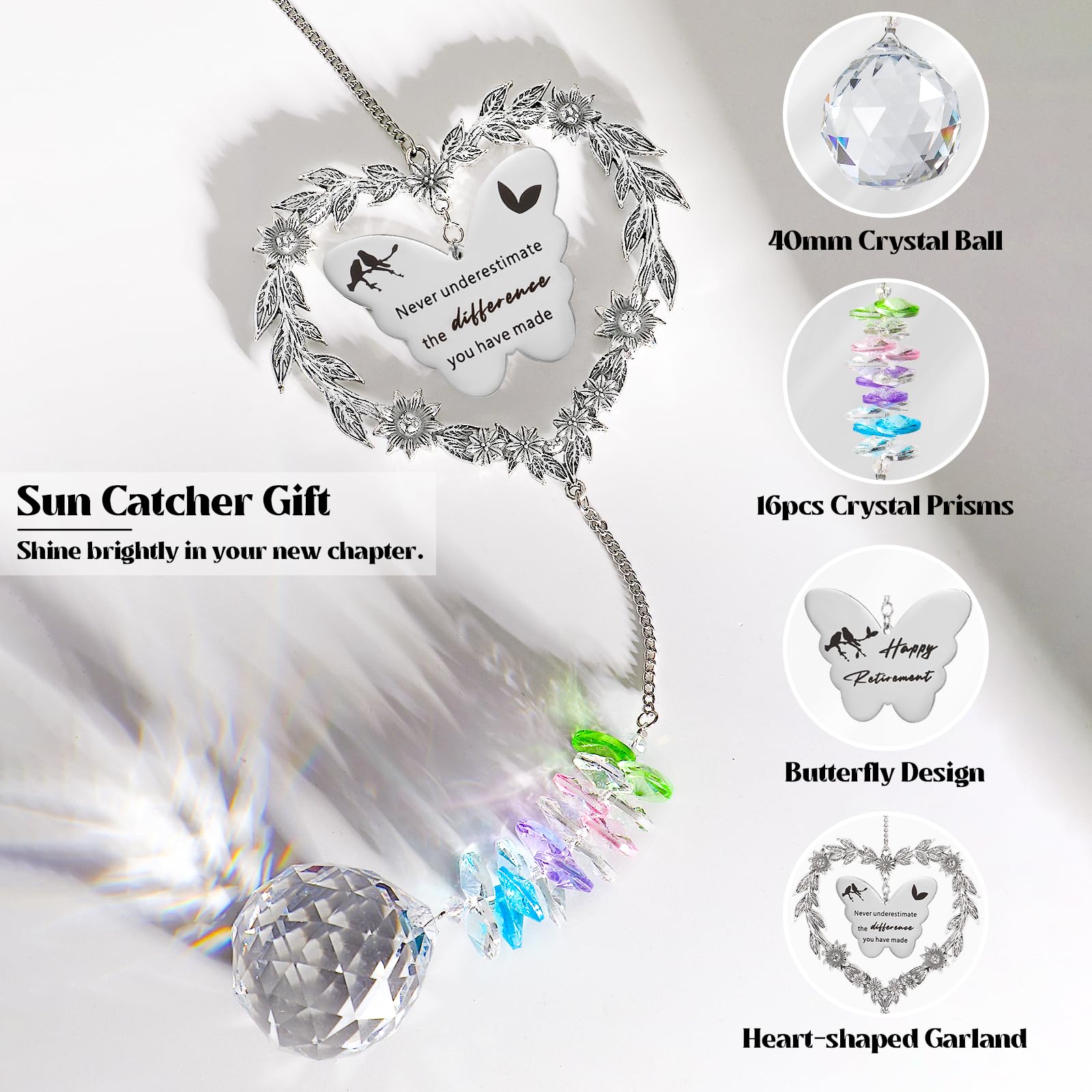 Elivida Retirement Gift Sun Catcher, Happy Retirement Gift for Women Men, Retired 2025 Rainbow Maker for Coworker, Heart-Shaped
