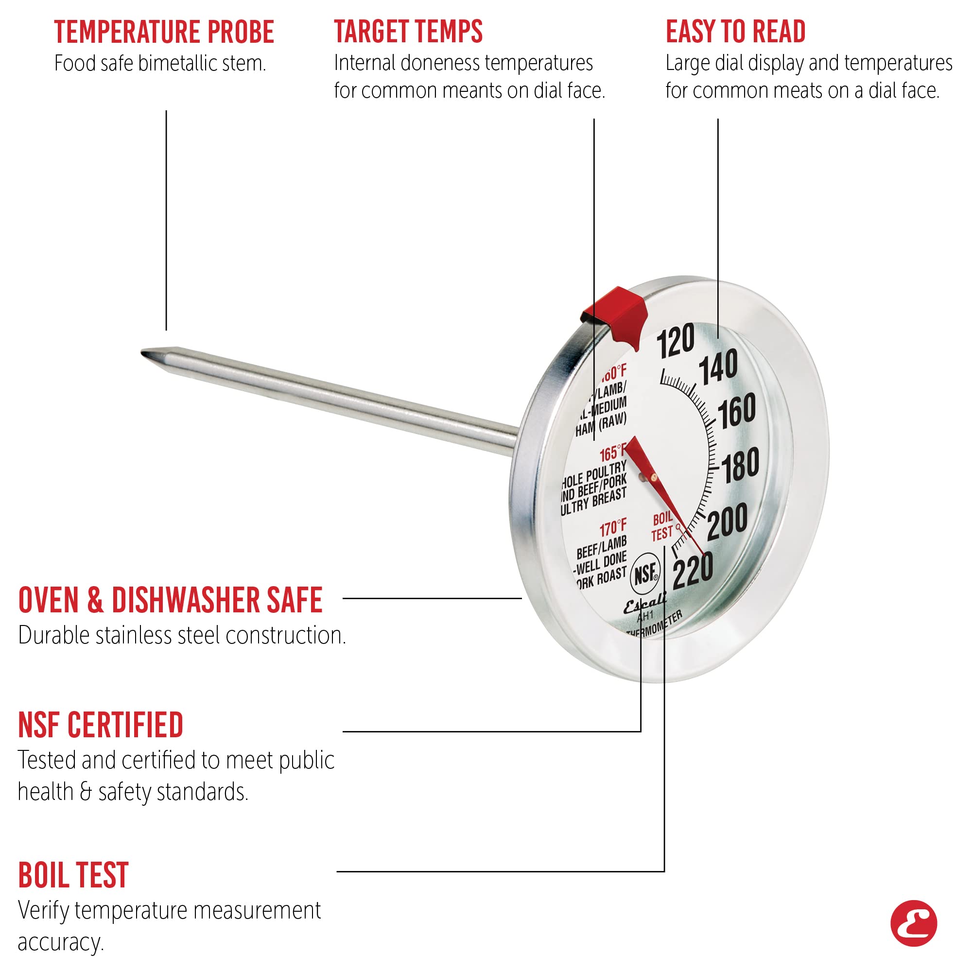 Escali Ah1 Stainless Steel Oven Safe Meat Thermometer, Extra Large 2.5-Inches Dial, Temperature Labeled For Beef, Poultry, Pork,