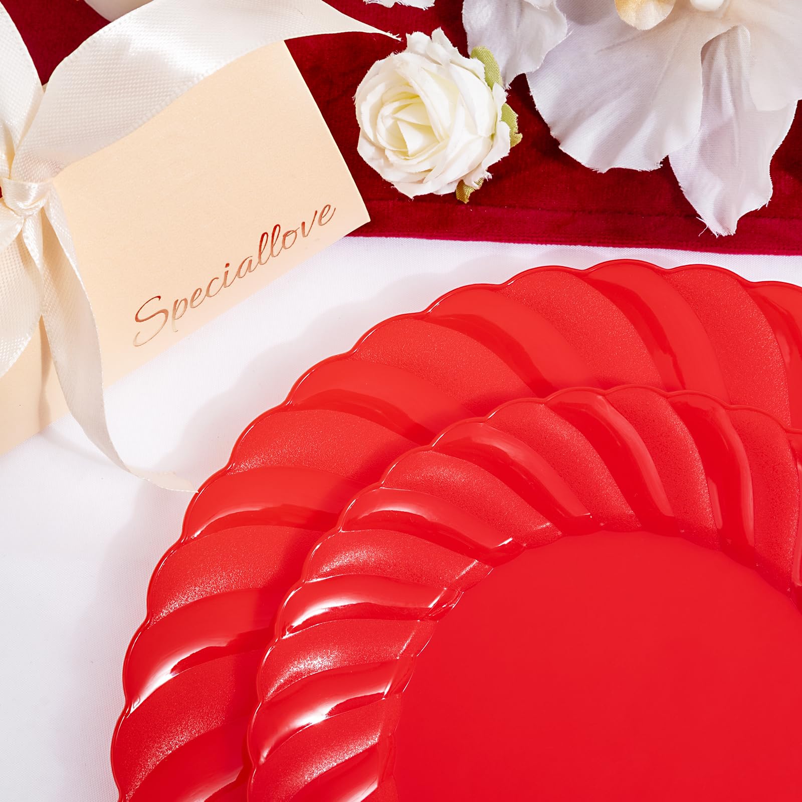 U-Qe 100Pcs Red Plastic Plates - Red Scalloped Plastic Plates For Party - Heavy Duty Red Valentines Plates Disposable Include 50