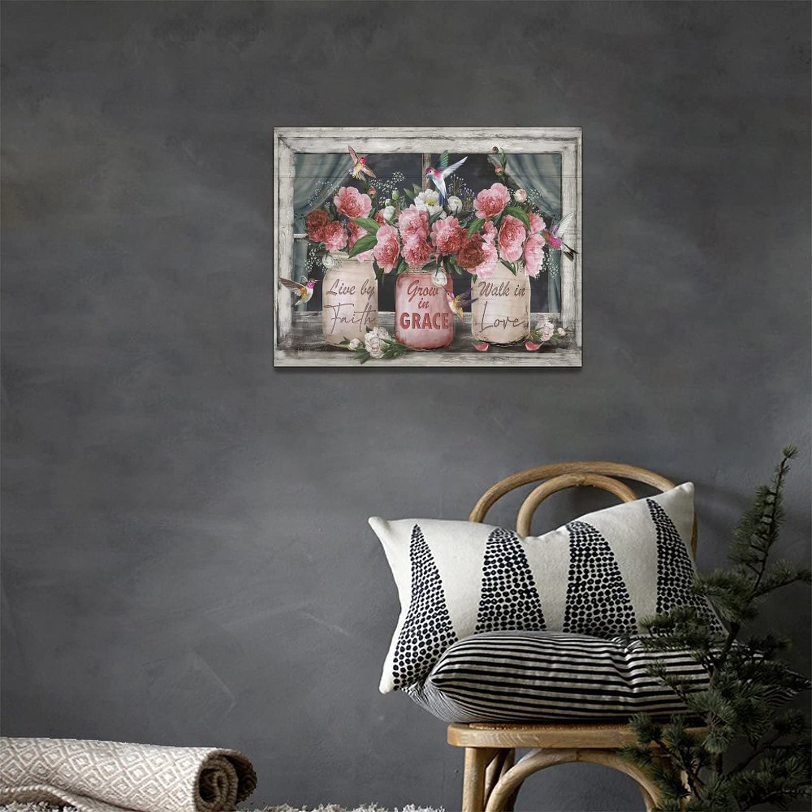 Farmhouse Canvas Wall Art Rusitc Pink Rose Wall Decor Flower Mason Jar Hummingbird Pictures Painting Prints Framed Decor Country