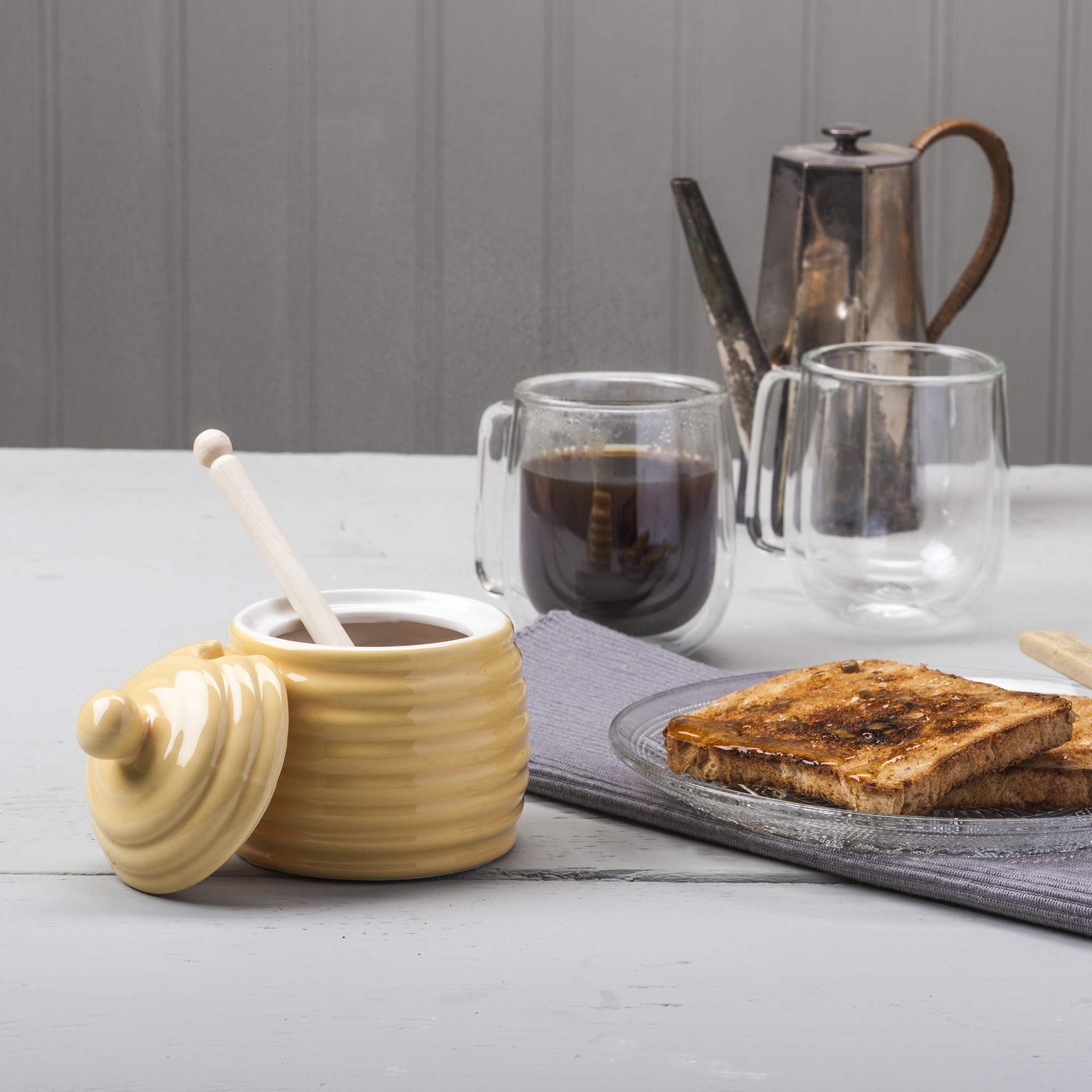 Wm Bartleet & Sons 1750 Traditional Porcelain Honey Pot With Beech Wood Dipper 11Cm - Yellow