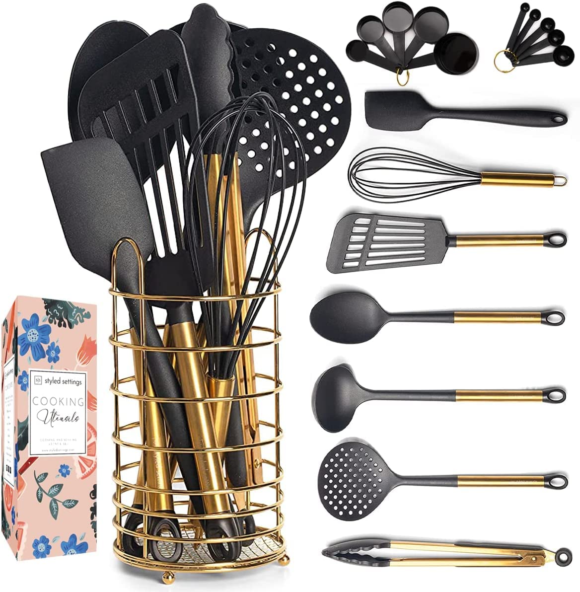 Black And Gold Kitchen Utensils With Stainless Steel Gold Utensil Holder -18 Pc Black And Gold Cooking Utensils Set Includes Bla