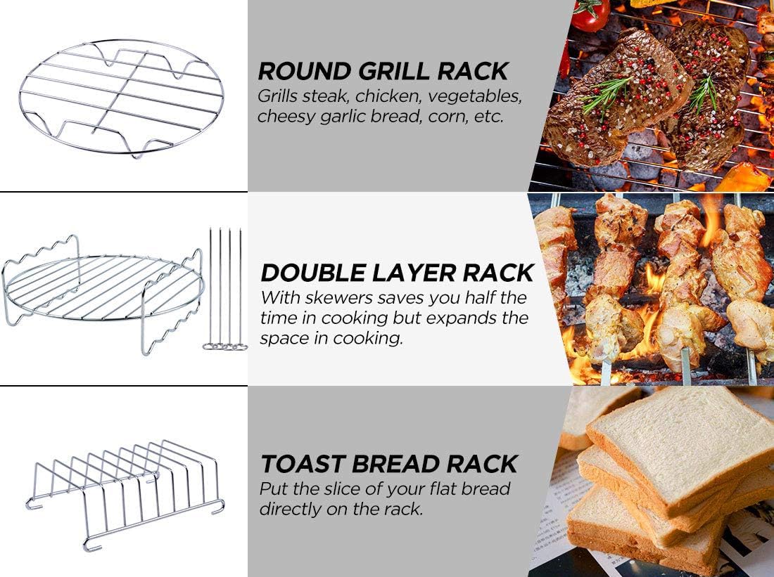 Jackgold Air Fryer Accessories Set Fit All 5.2Qt-6.8Qt And Larger Ovens, Cake & Pizza Pan, Metal Holder, Rack & Skewers, Etc, Bp