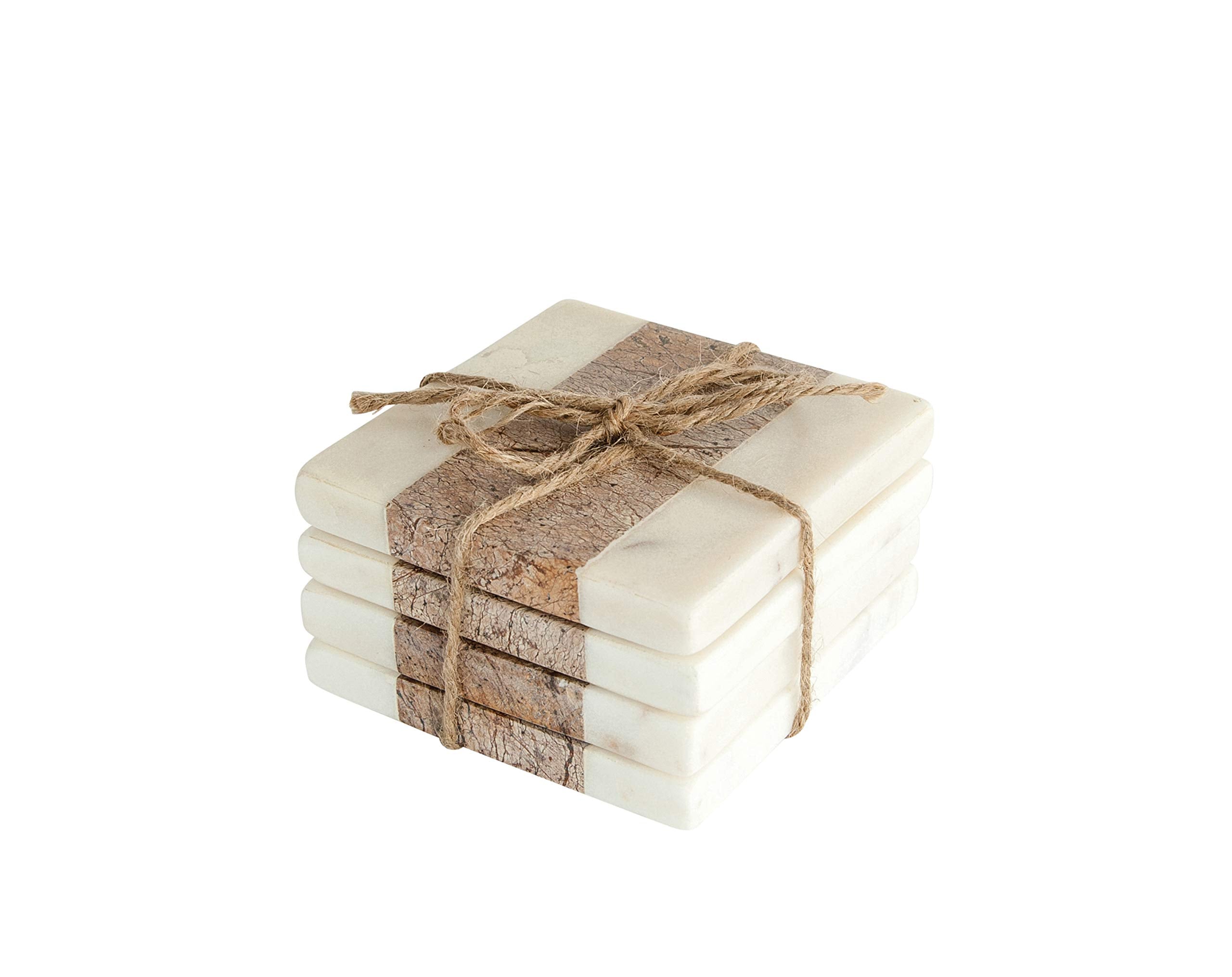 Creative Co-Op Square Marble Coasters With Jute String, Brown (Set Of 4 Pieces)
