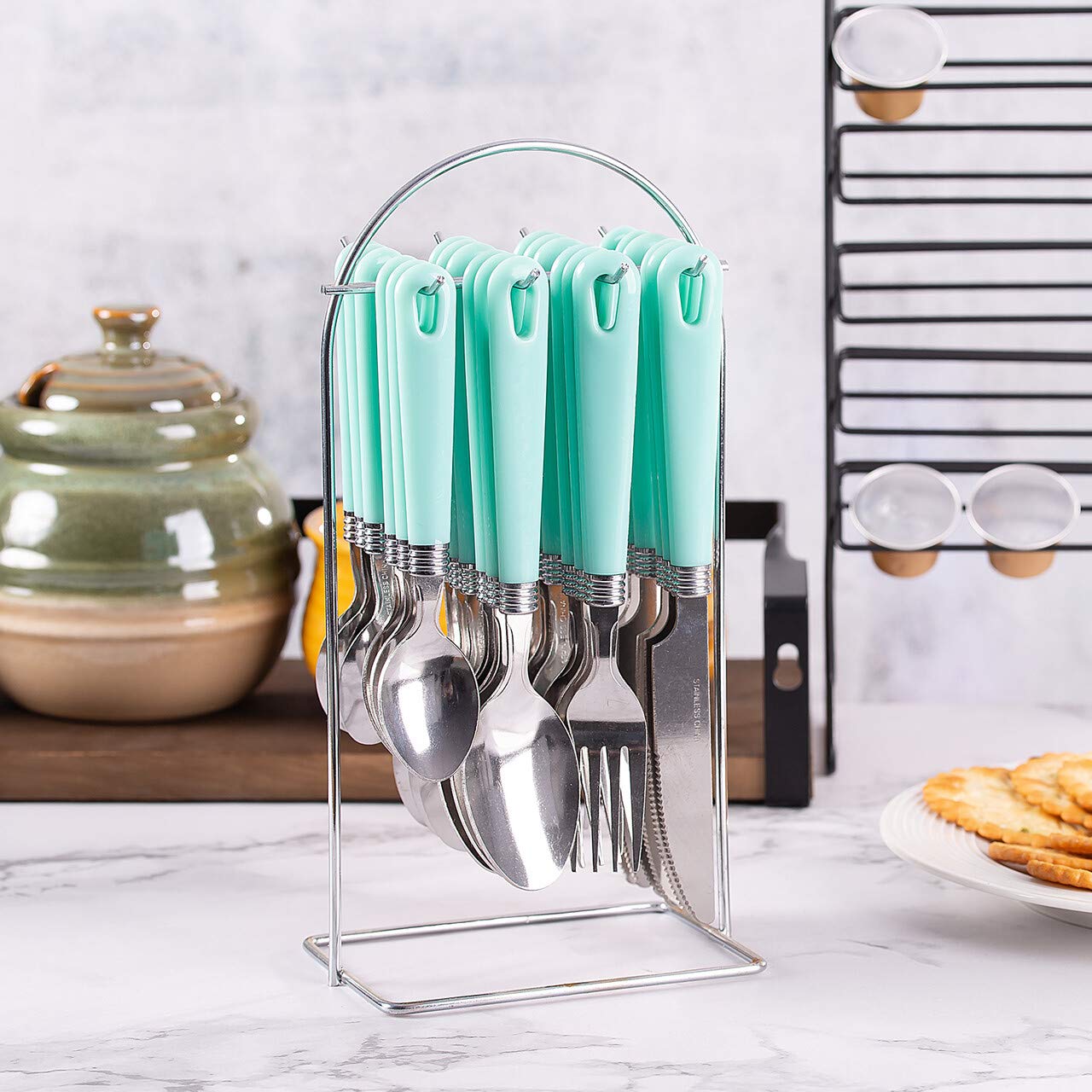 Cutiset 25 Piece Stainless Steel Flatware Set With Hanging Caddy (Green, 25-Piece)