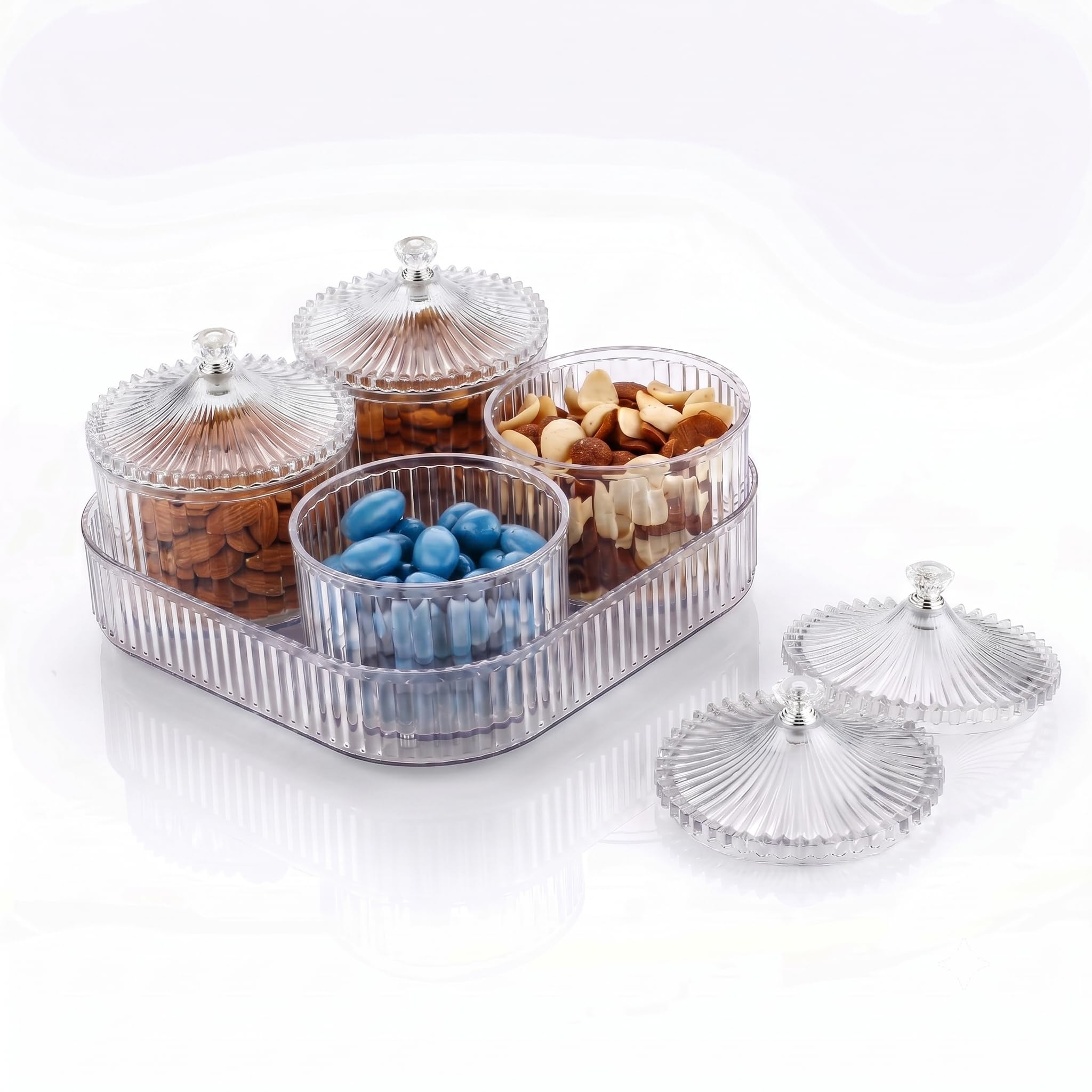 Zetkee Smahi 4 Pcs Dry Fruit Jars With Tray | Elegant Plastic Snack Storage Containers Set | Multipurpose Serving Set For Dry Fr
