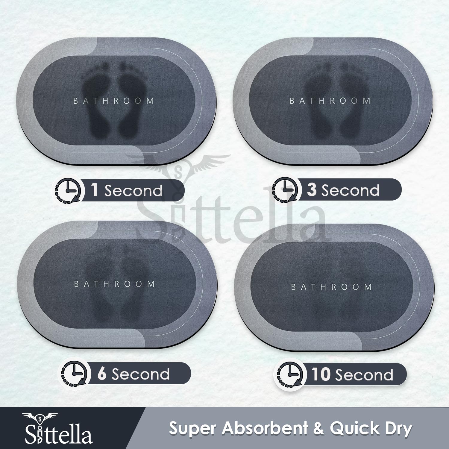 Sittella Rubber 3 Pieces (3.5Mm) Anti-Skid Water Soaking Bathroom Print Oval Door Mat, Water Absorbent Mat (40X60Cm) Grey