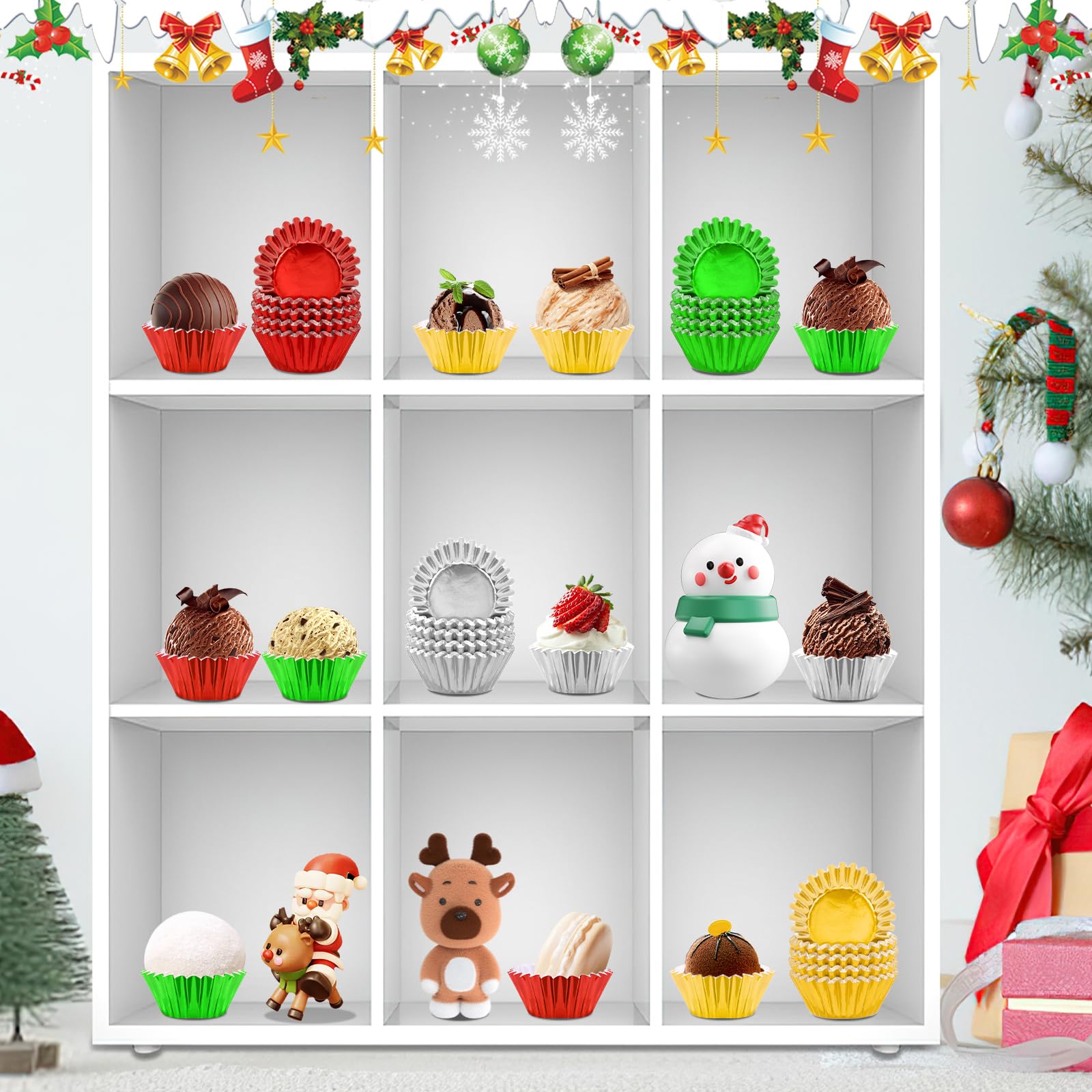AUGSUN 400pcs Christmas Mini Foil Cupcake Liners Golden Red Green Silver Cupcake Baking Cups Metallic Mini Muffin Cupcake Wrappe