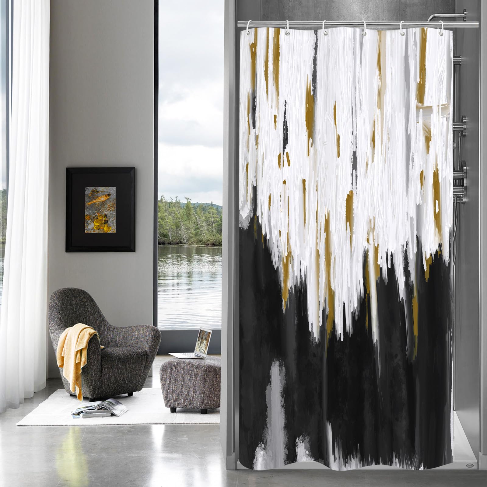 Mitovilla Black Small Stall Shower Curtain 36 X 72, Abstract Ombre Half Size Narrow Shower Curtain Set, 36 Inch Graffiti Oil Pai
