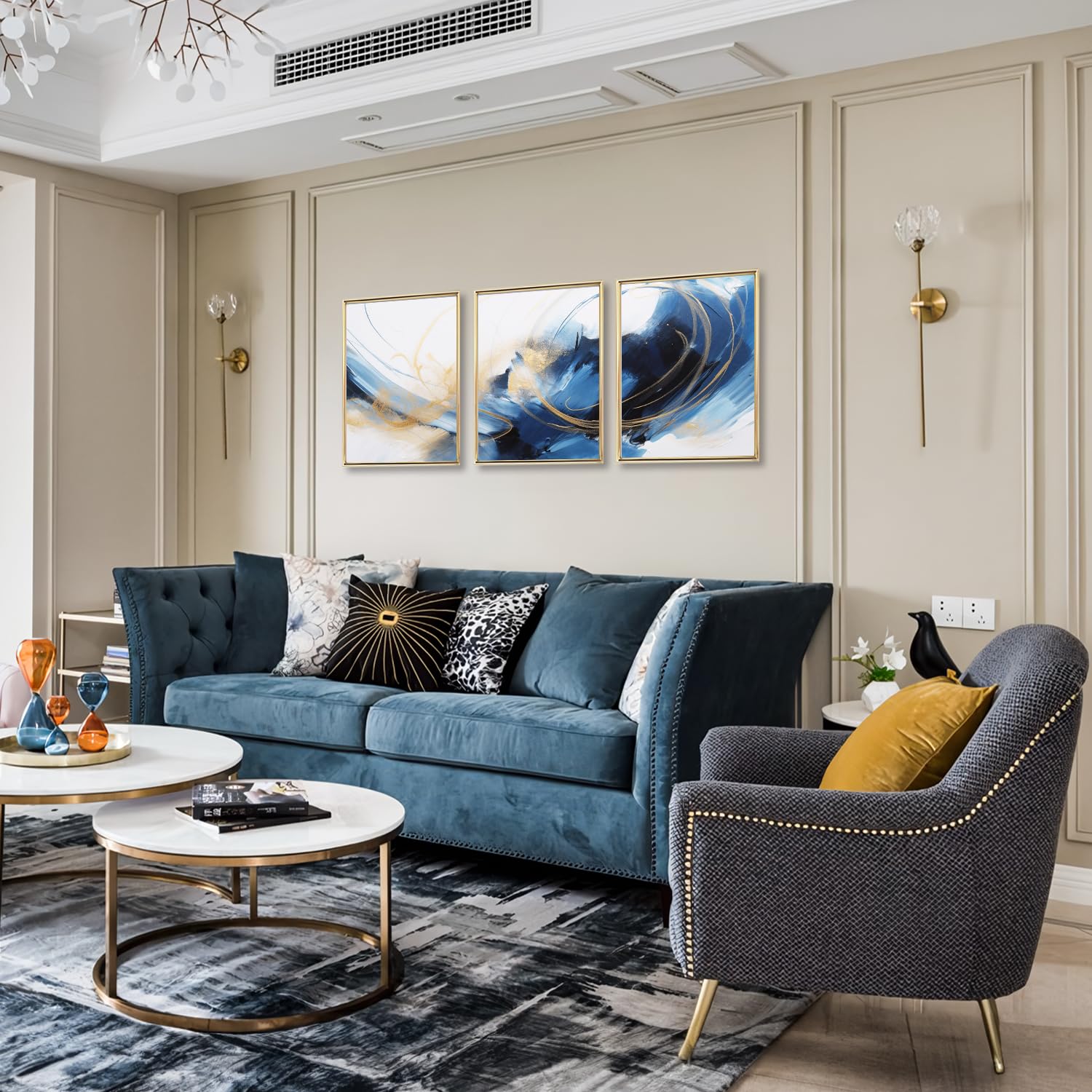 Dazzlewall 3 Pcs Blue And Gold Abstract Wall Art Modern Contemporary Wall Decor Fantasy Graffiti Artwork Aesthetic Splash Ink Pa