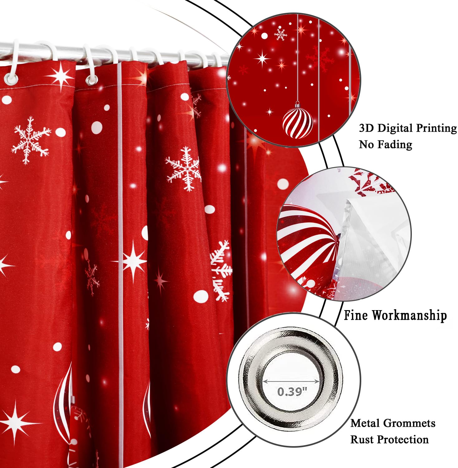 Caheansi Christmas Shower Curtain, Red Merry Xmas Glitter Sparkle Bokeh Snowflake Winter New Year Holiday Bathroom Curtain Water