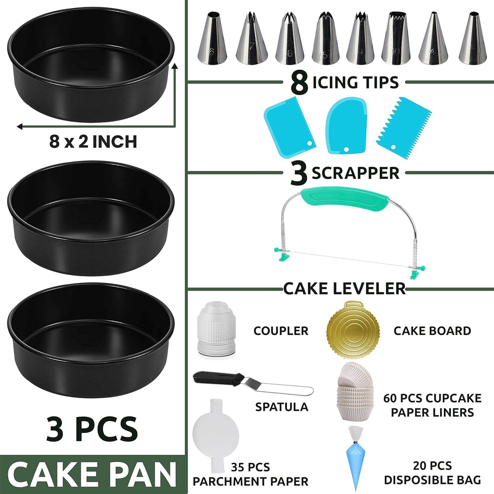 Rfaqk 133Pcs Round Cake Pans Sets For Baking + Cake Decorating Supplies - 3 Non-Stick 8 Inch Cake Pan With Baking Supplies, Pipi