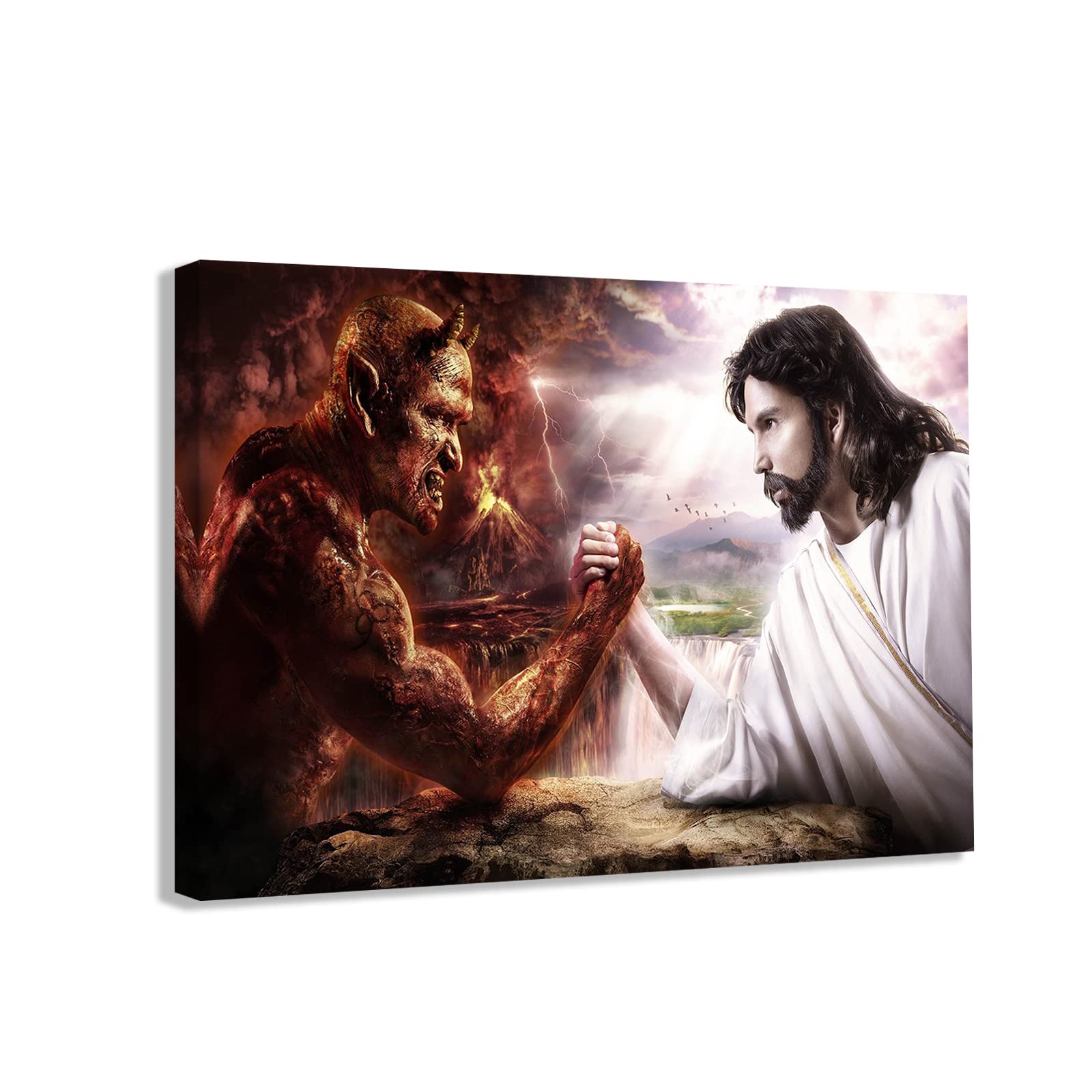 Jesus Christ Canvas Wall Art Jesus Arm Wresties Satan Modern Religious God Poster Hd Framed Print Painting Picture Artwork For B