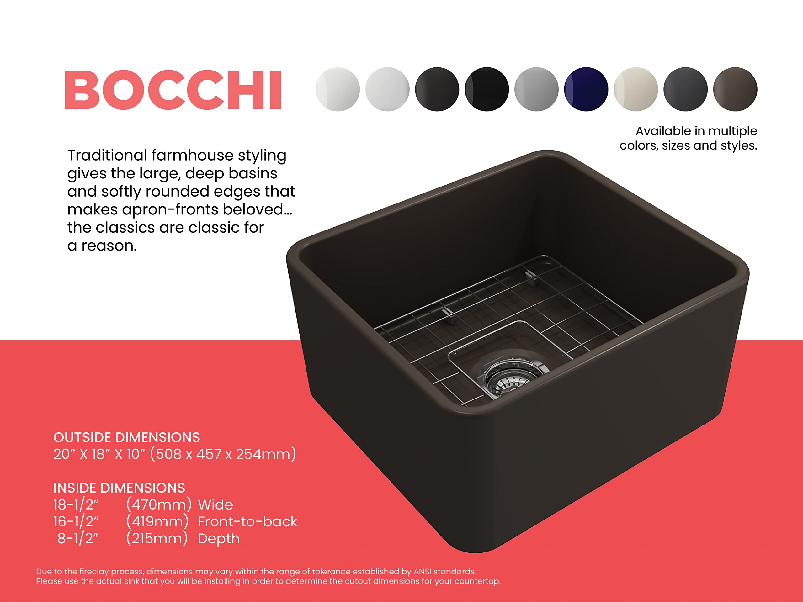 Bocchi Classico Farmhouse Apron Front Fireclay 20 In. Single Bowl Kitchen Sink With Protective Bottom Grid And Strainer In M. Br