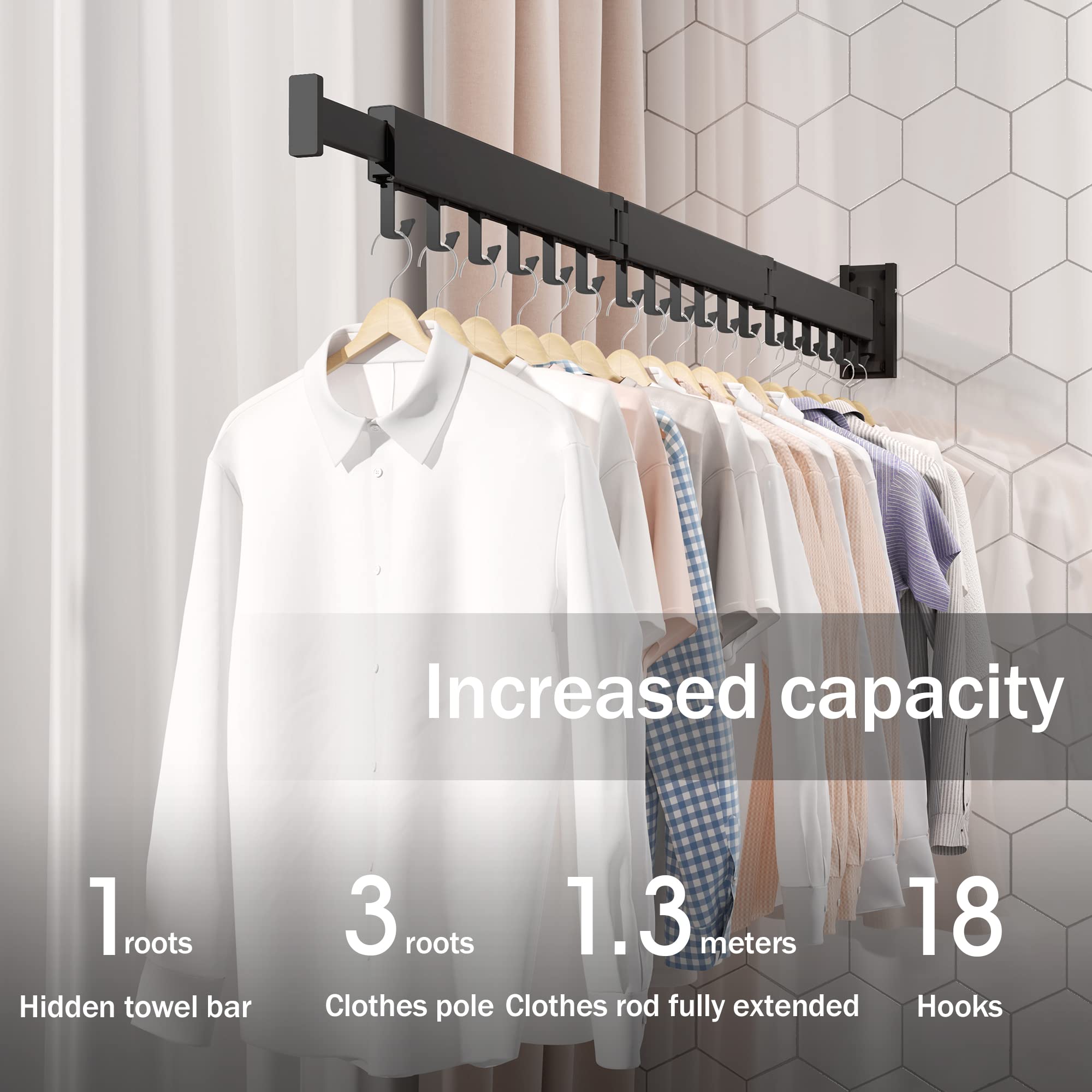 BOQORAD Wall Mounted Clothes Hanger Rack  Retractable Clothes Drying Rack Space-Saver  Laundry Drying Rack Collapsible  for Laundry Balcony  Mudroom  Bedroom Dark Grey Color sh-02
