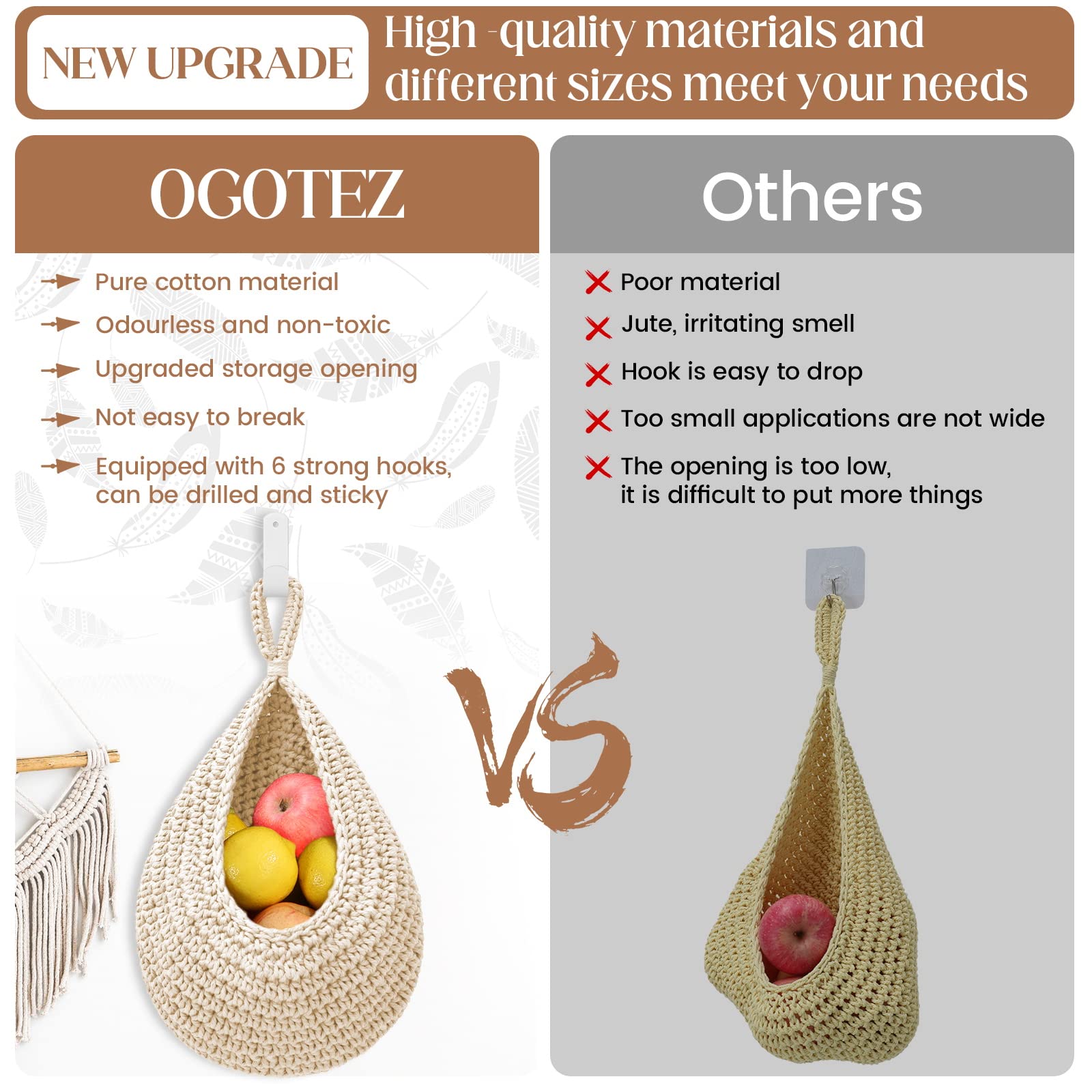 Hanging Fruit Baskets For Kitchen - 3 Pack Boho Wall Hanging Basket With 6 Pcs Strong Hooks, Handwoven Hanging Holder Teardrop H