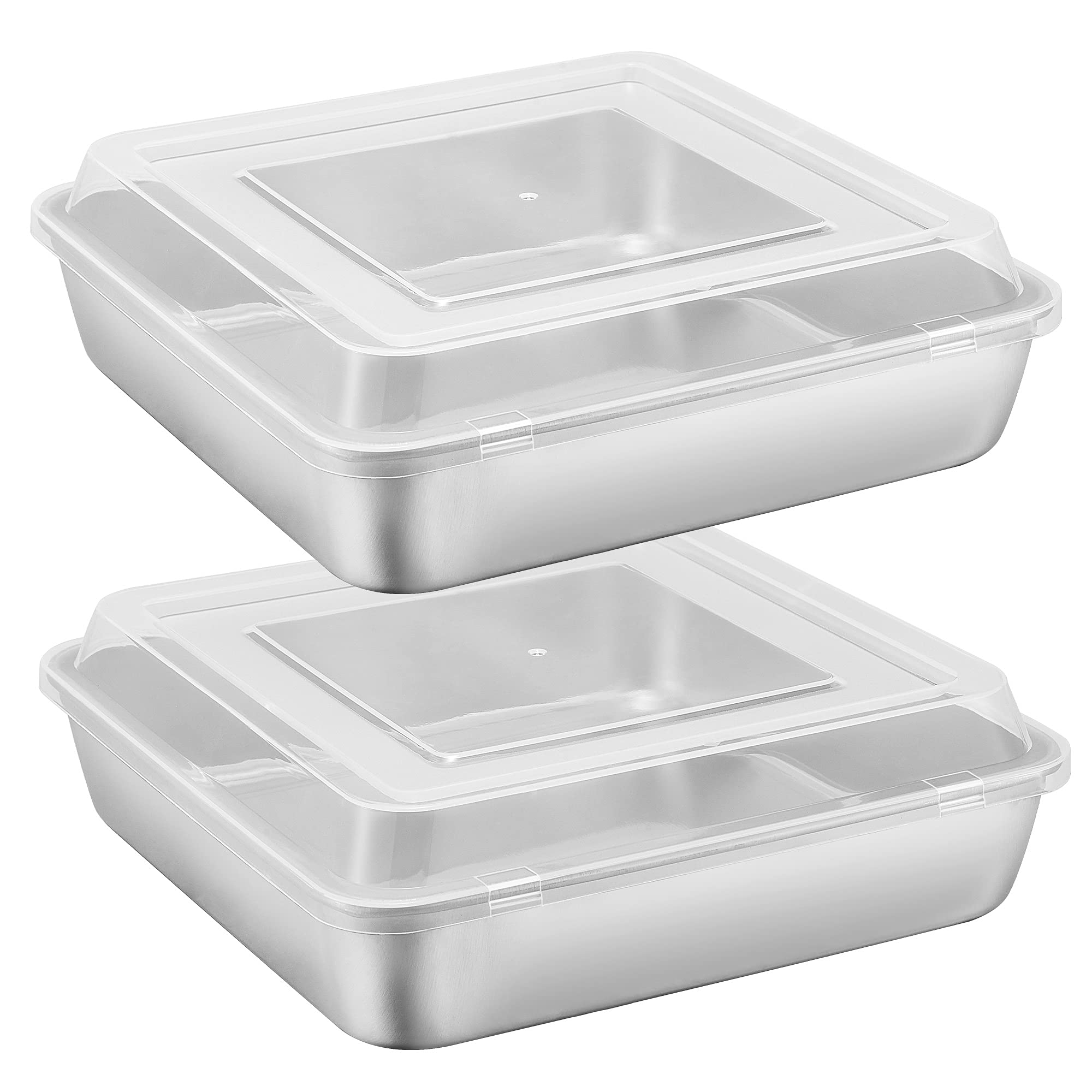 E-Far 9 Inch Square Cake Pan With Lid, 9X9 Baking Brownie Pans Stainless Steel Bakeware Set Of 2, Non-Toxic & Healthy, Easy Clea