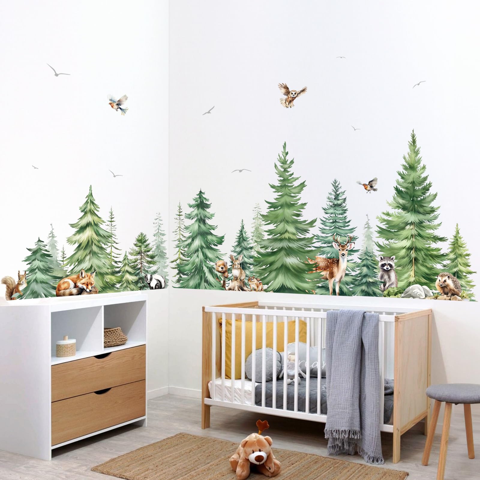 Decalmile Large Watercolor Pine Tree Animals Wall Stickers Woodland Forest Tree Fox Deer Bear Wall Decals Baby Nursery Bedroom L