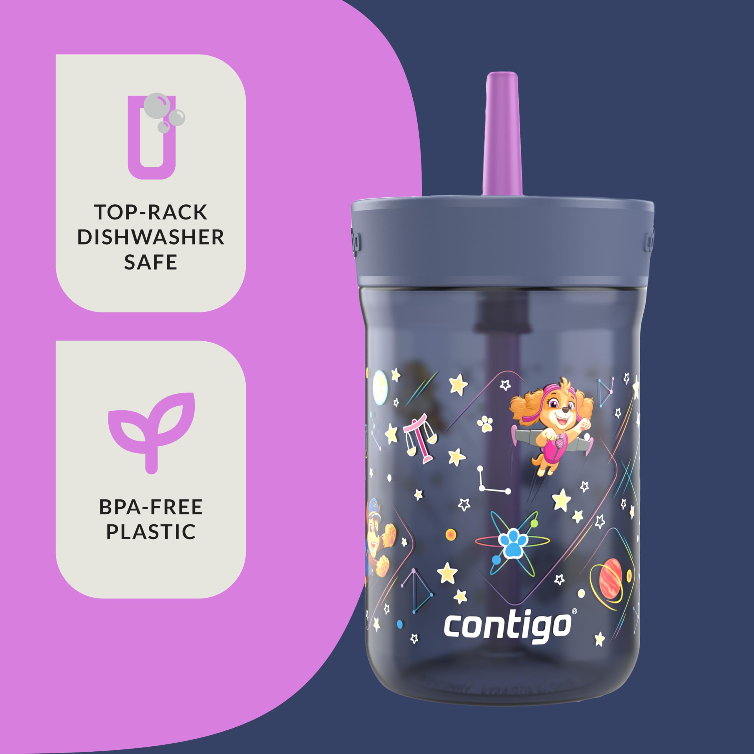 Contigo Kids Tumbler, Spill-Proof with Straw, 14oz, Paw Patrol Space Zodiac, Model 2220005, Plastic
