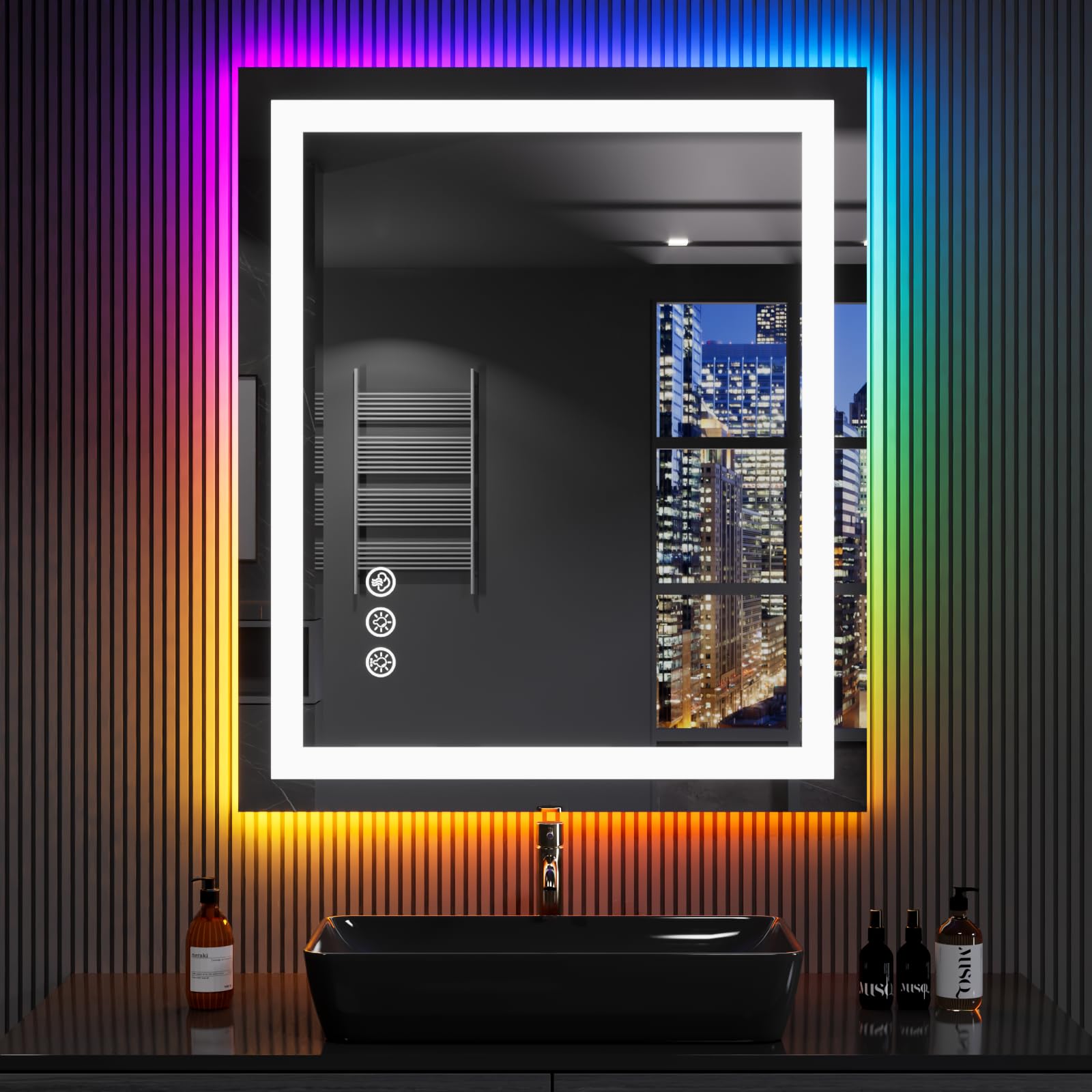 LOAAO 30''X36'' LED Bathroom Mirror with Lights  Anti-Fog  Dimmable  RGB Backlit + Front Lighted  Bathroom Vanity Mirror for Wall  Memory Function  Waterproof  Tempered Glass
