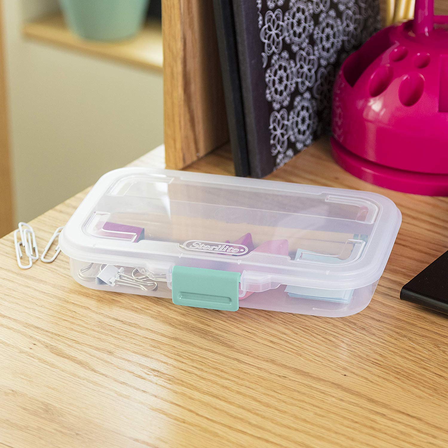 Sterilite Small Divided Box, Stackable Plastic Small Storage Container With Latch Lid, Organize Pens, Pencils And Small Items, C