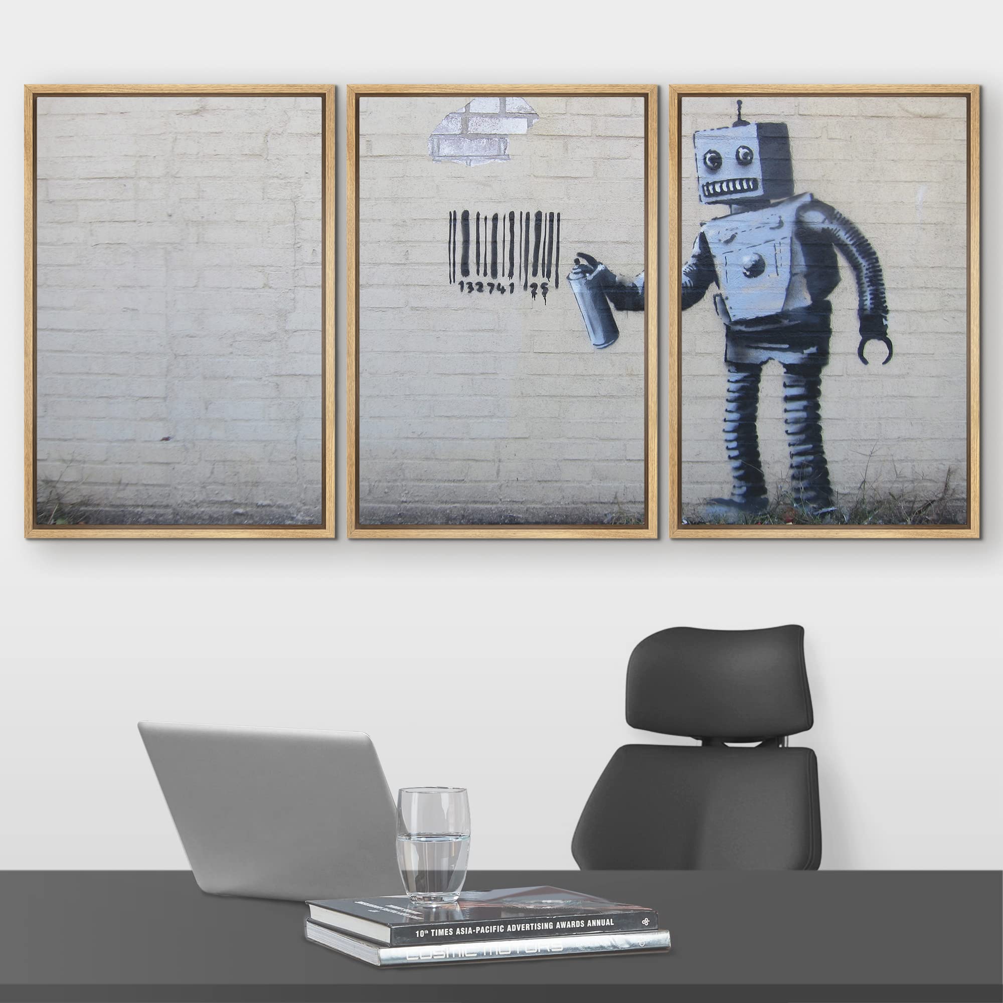 Wall26 - Robot Graffiti Banksy Street - Framed Canvas Art Wall Art - 16''X24''X3 Natural